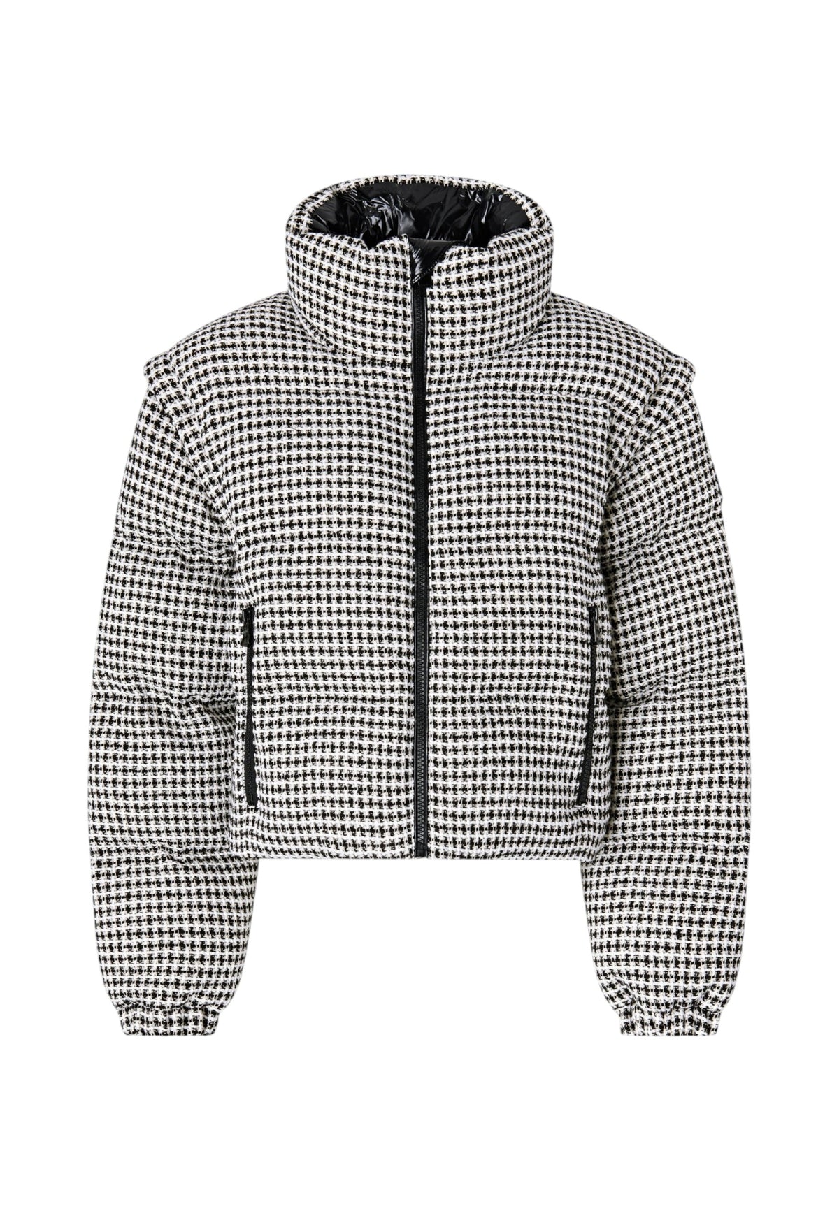 Piumino Corto Donna Pinko Tweed a quadri, maniche staccabili con zip, trasformabile in gilet, collo alto, tasche laterali con zip, polsini elasticizzati, imbottitura sintetica, coulisse al fondo Daboecia 107185A3G5