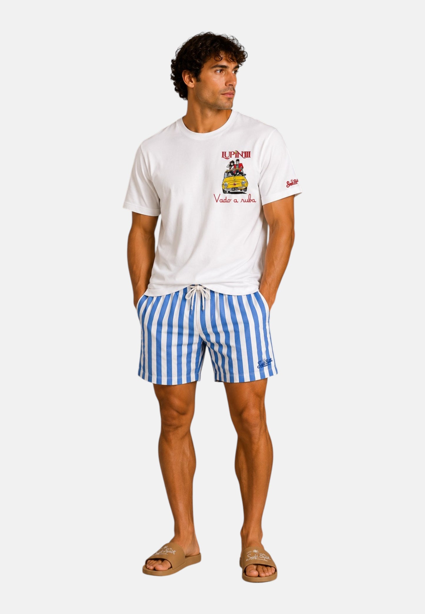T-Shirt Manica Corta Uomo Mc2 Saint Barth Stampa E/O Ricamo Frontale Lupin Ruba Portofino POT0001