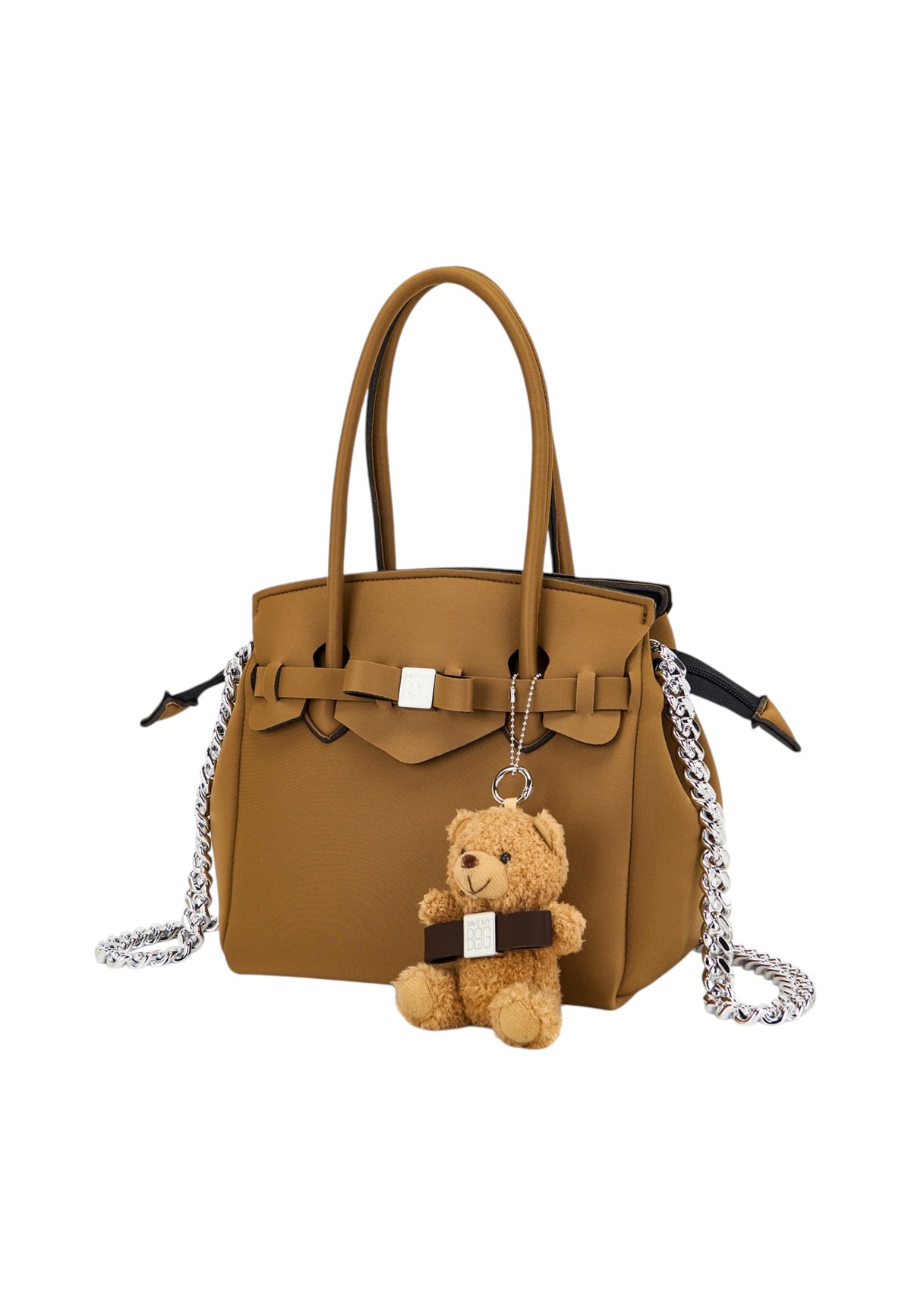 Borsa A Spalla Donna Save My Bag Shopping bag media, Doppi manici, Chiusura con zip, Tracolla a catena, Logo Save My Bag in metallo, Charm a forma di orsetto, Dimensioni: 26 x 14.5 x 23 Cm Miss S62-MISS-M-LYT