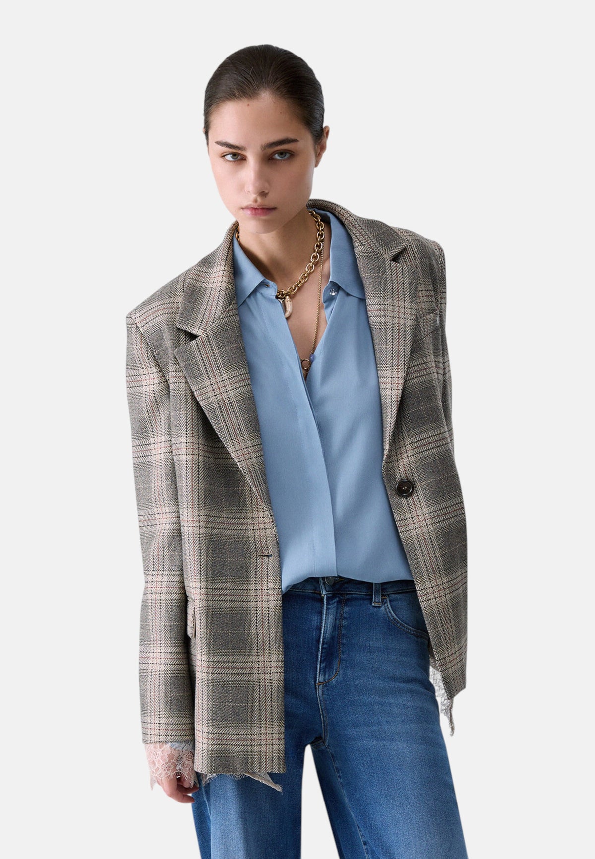 Giacca Blazer Donna Liu Jo Monopetto A Quadri Con Bordo Pizzo  CF6057T859A