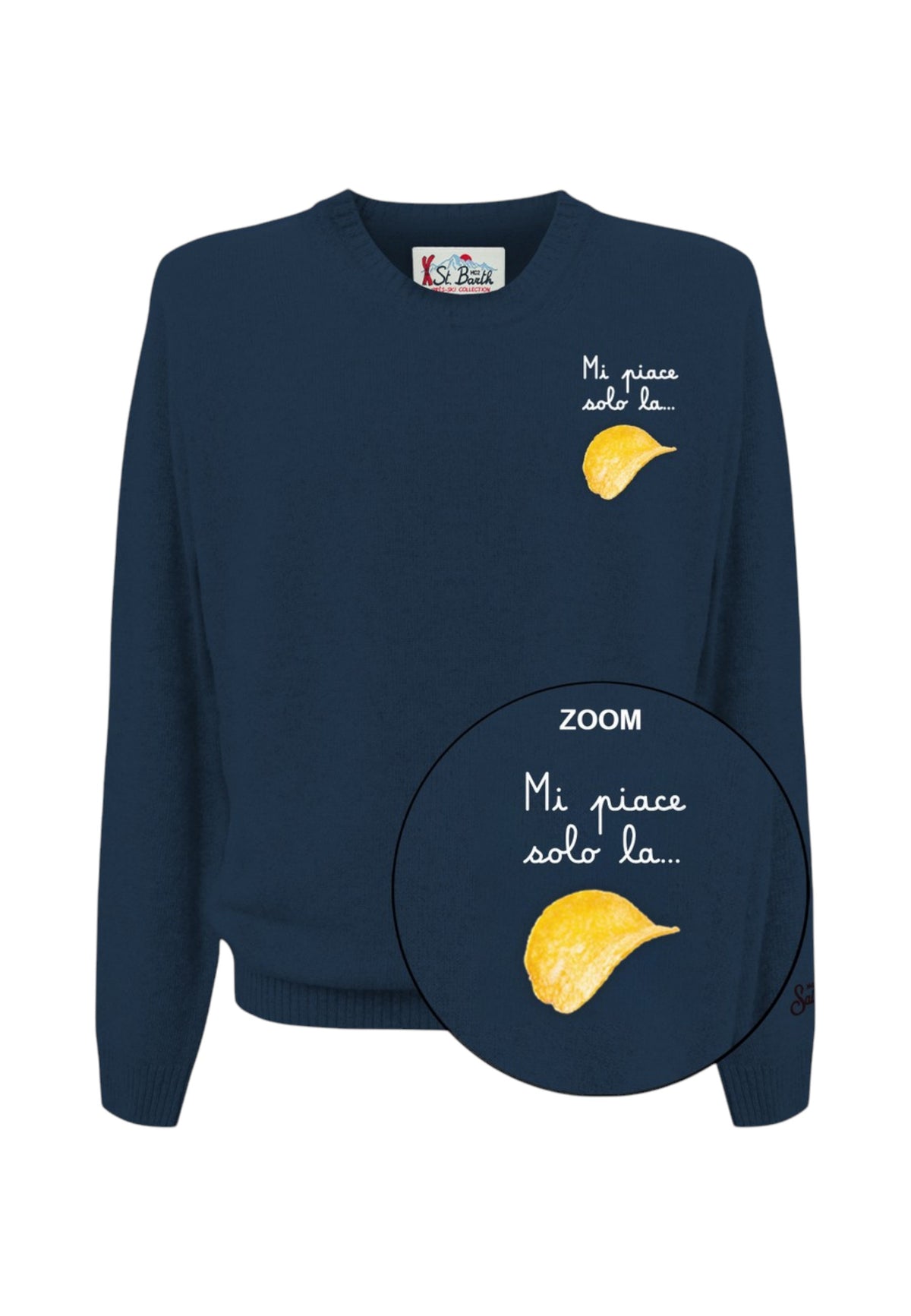 Maglione A Girocollo Uomo Mc2 Saint Barth Maniche Lunghe, Polsi E Fondo A Coste, Una Patatina Illustrata E Una Scritta Ironica Heron Light Embry HER0024-AMICA-CHIPS-PIACE