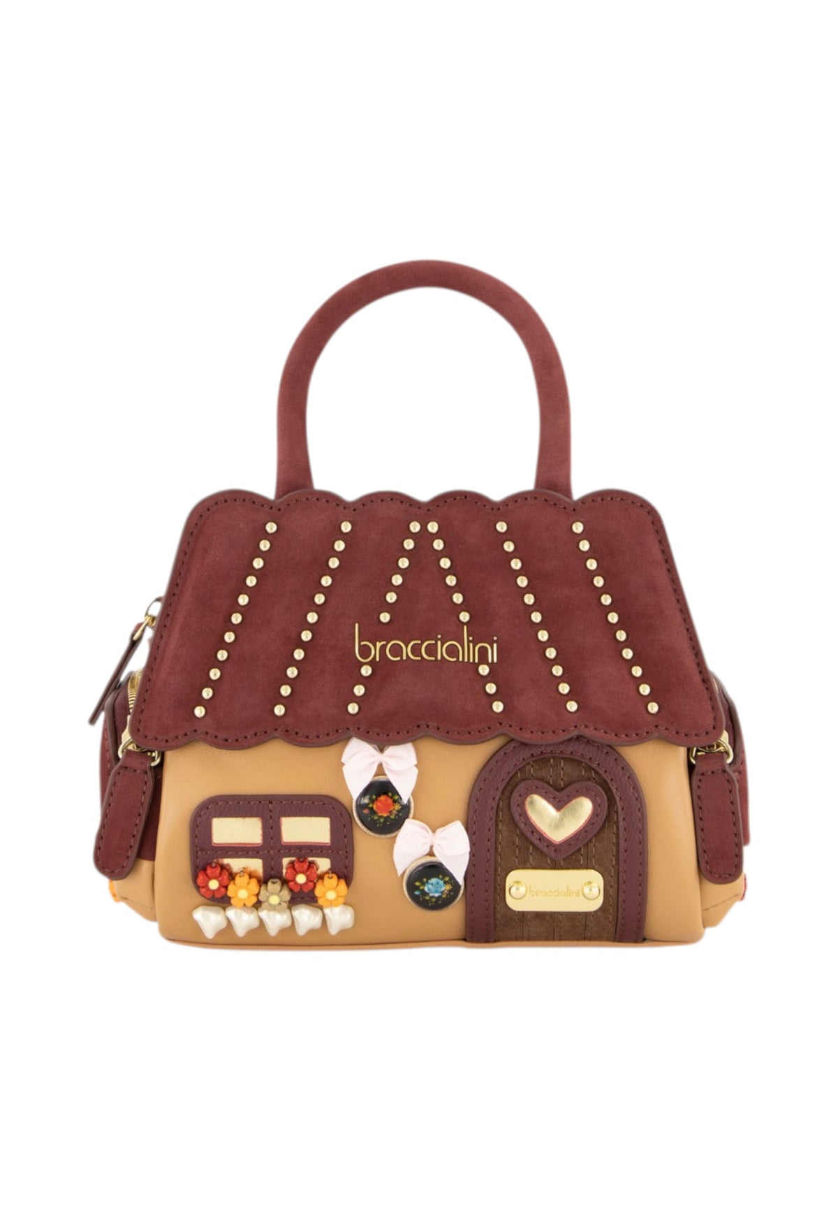 Borsa A Mano Donna Braccialini A Bauletto, Doppio con tracolla removibile e regolabile, Chiusura con zip, Una tasca interna portacellulare, Design a forma di chalet con dettagli tridimensionali, Dimensioni: 21 x 11.5 x 15 Cm Temini B19375PP