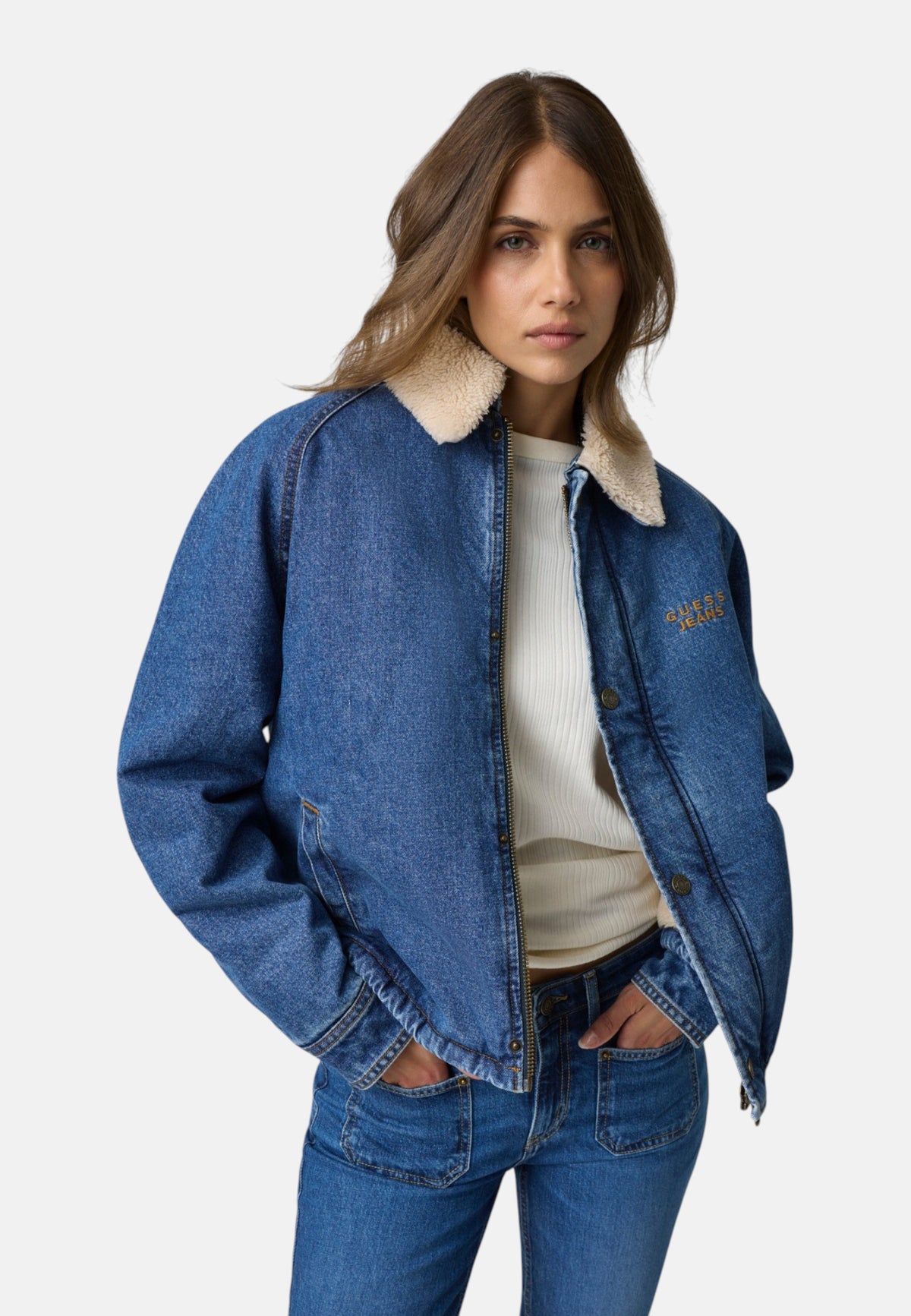 Giacca Jeans Donna Guess Linea boxy, Effetto teddy Gj W6BN03D1813