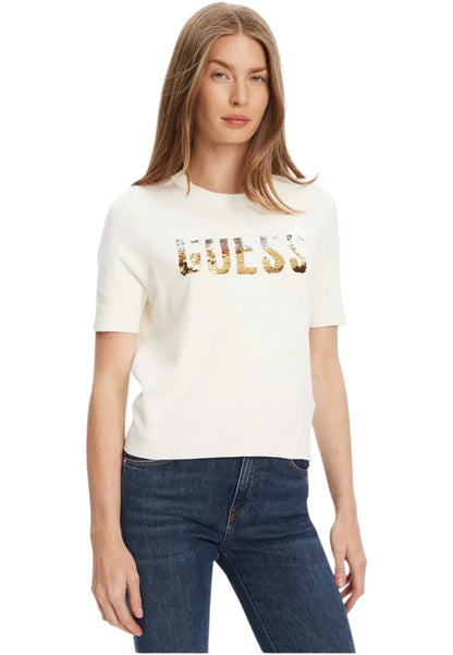 Maglione A Girocollo Donna Guess Manica Corta Layla Boxy Logo W5YR25Z2NQ2