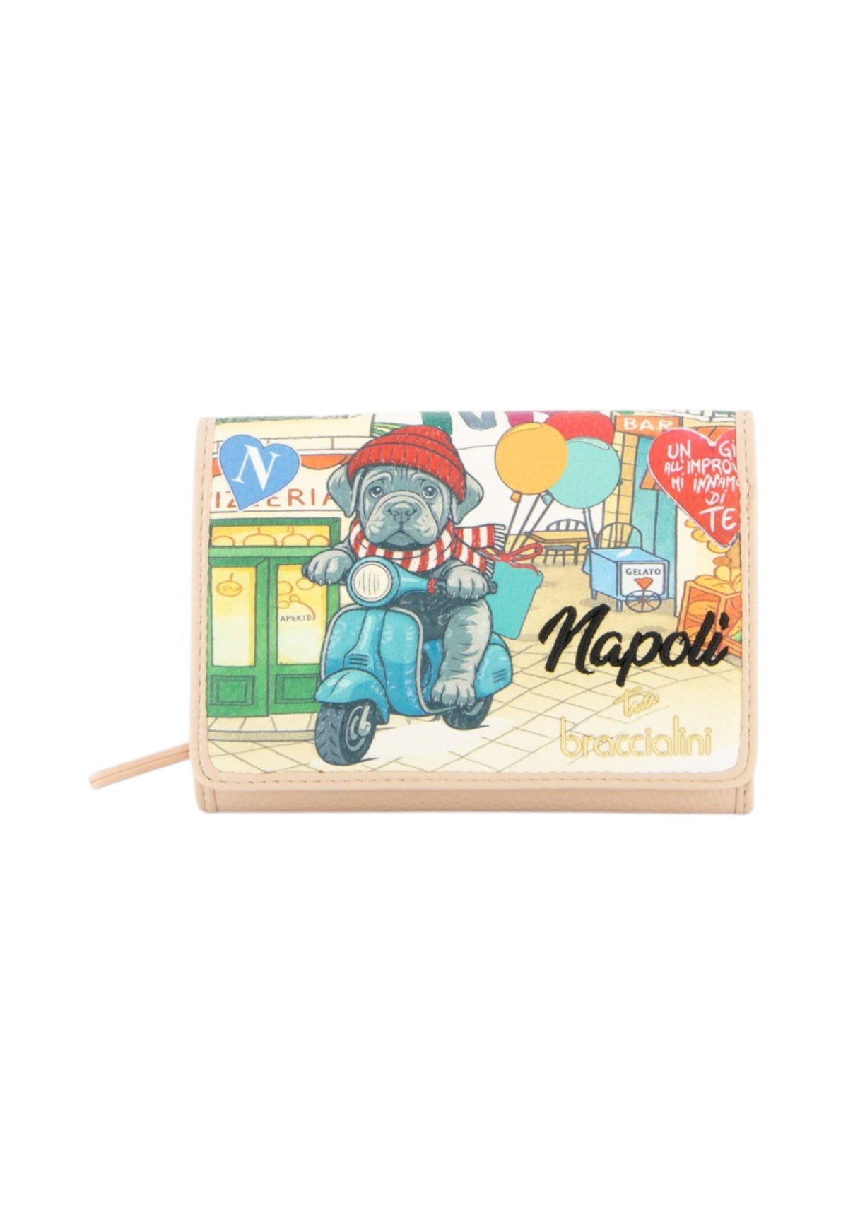 Portafoglio Con Zip Donna Braccialini Piccolo, Chiusura con zip, Stampa Cartoline dedicata a Napoli, Dimensioni: 14 x 3.5 x 10 Cm Cartoline Napoli B19171CA