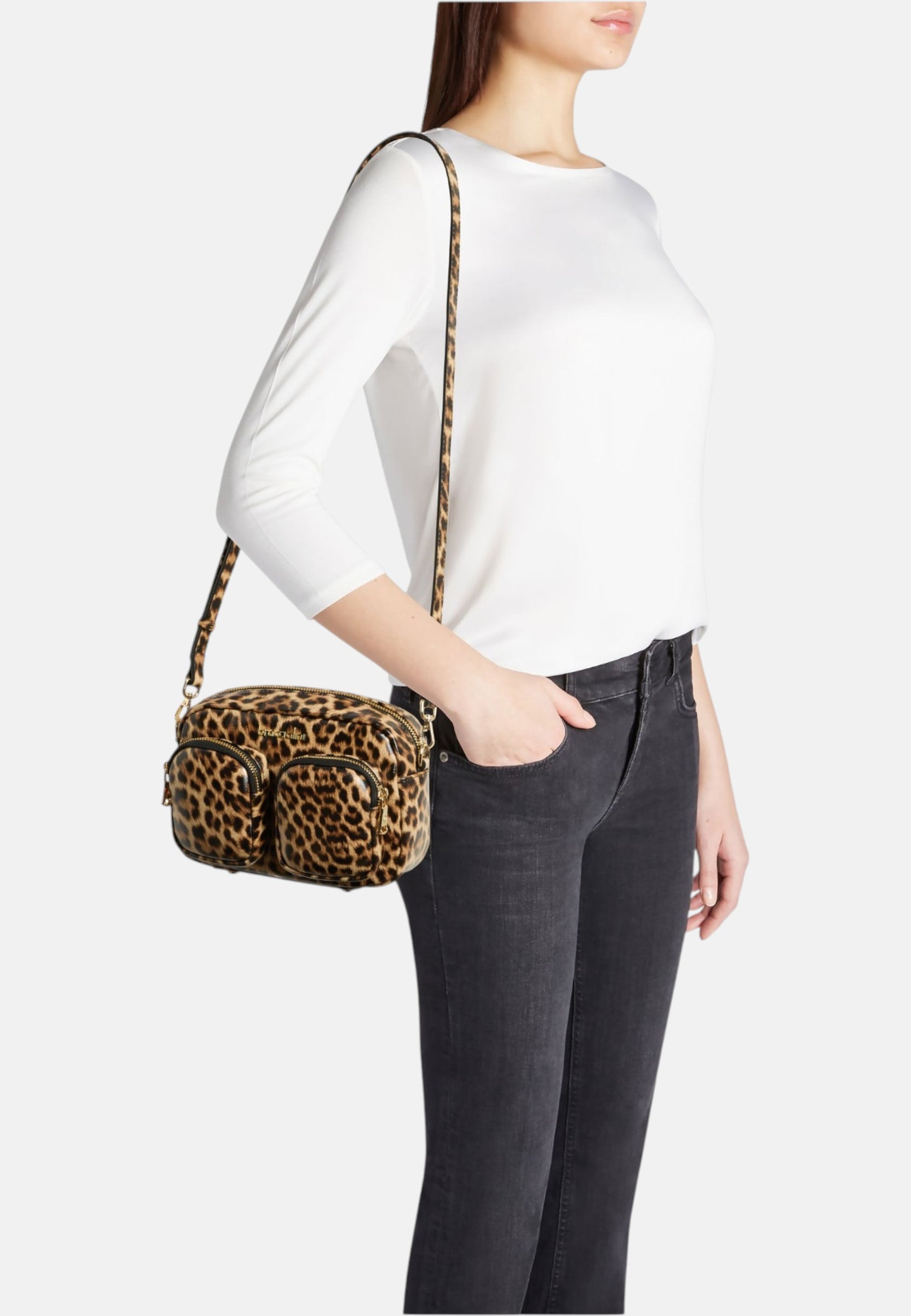 Borsa A Tracolla Donna Braccialini In Pelle Stampa Leopard Con Doppio Tascino Frontale Dolly B19100PP