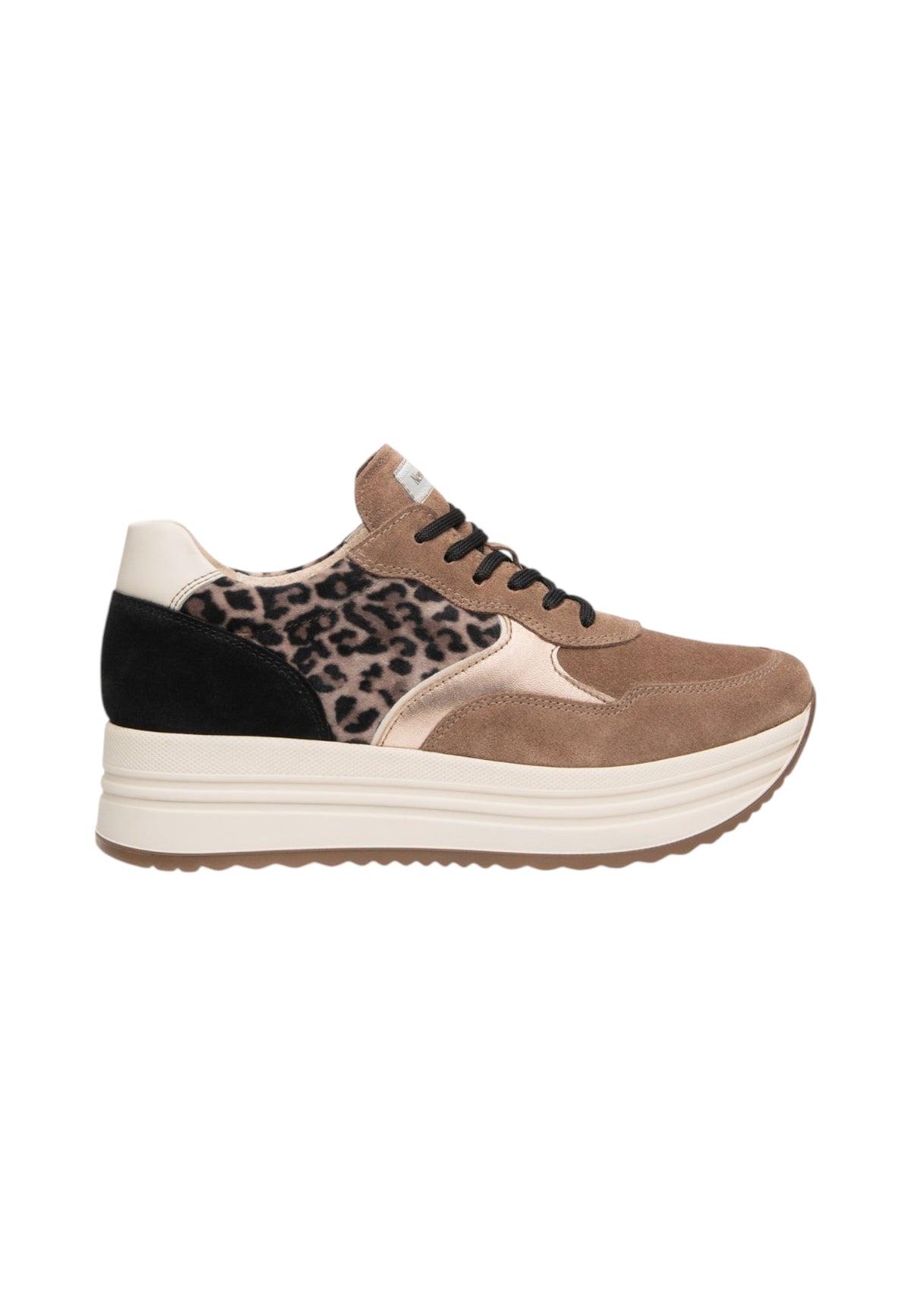 Sneakers Basse Donna Nero Giardini Tomaia in pelle scamosciata e tessuto, inserti animalier, chiusura con lacci, suola platform, Made in Italy  I617342D