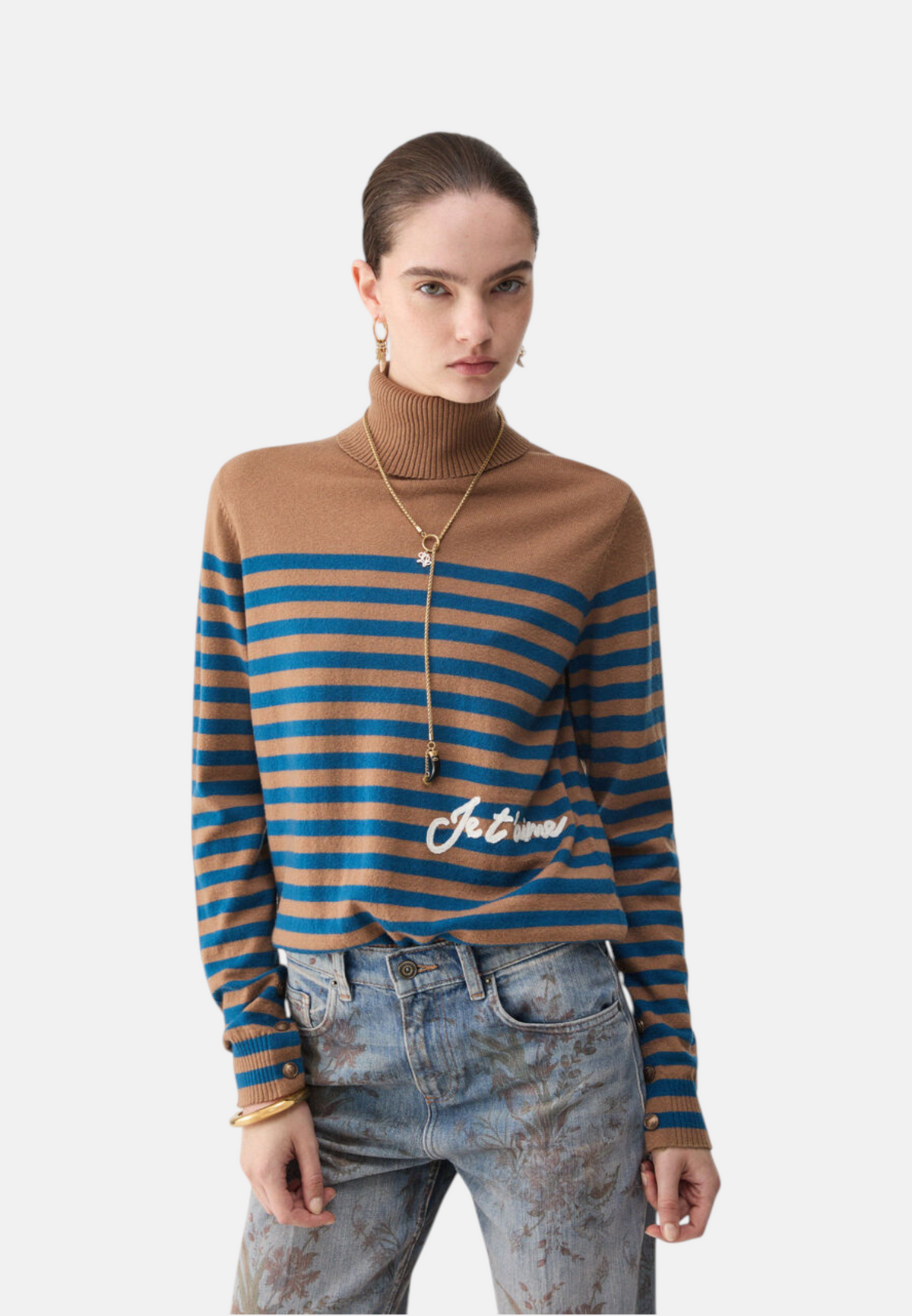 Maglione Collo Alto Donna Liu Jo A Righe Con Ricamo  WF6387MA88R