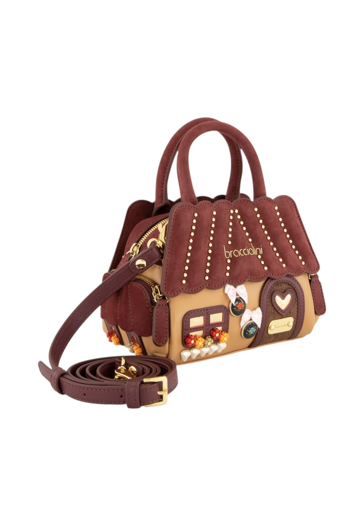 Borsa A Mano Donna Braccialini A Bauletto, Doppio con tracolla removibile e regolabile, Chiusura con zip, Una tasca interna portacellulare, Design a forma di chalet con dettagli tridimensionali, Dimensioni: 21 x 11.5 x 15 Cm Temini B19375PP
