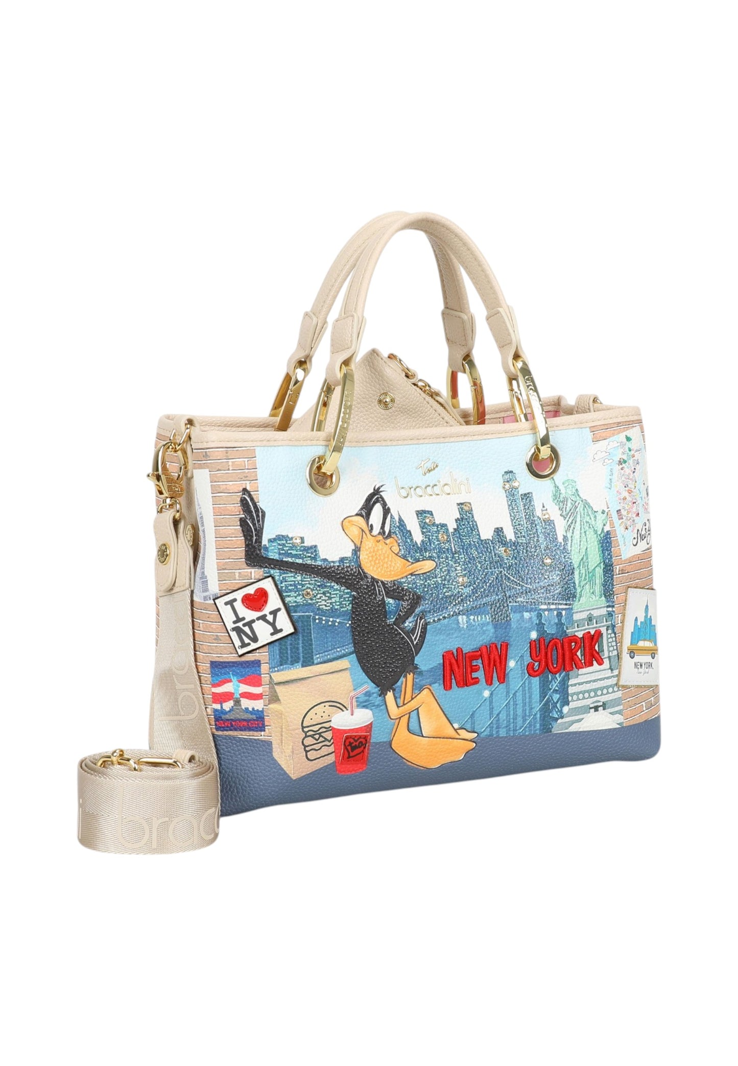 Borsa A Mano Donna Braccialini Stampa Duffy Duck New York Cartoline Lt LT251YY
