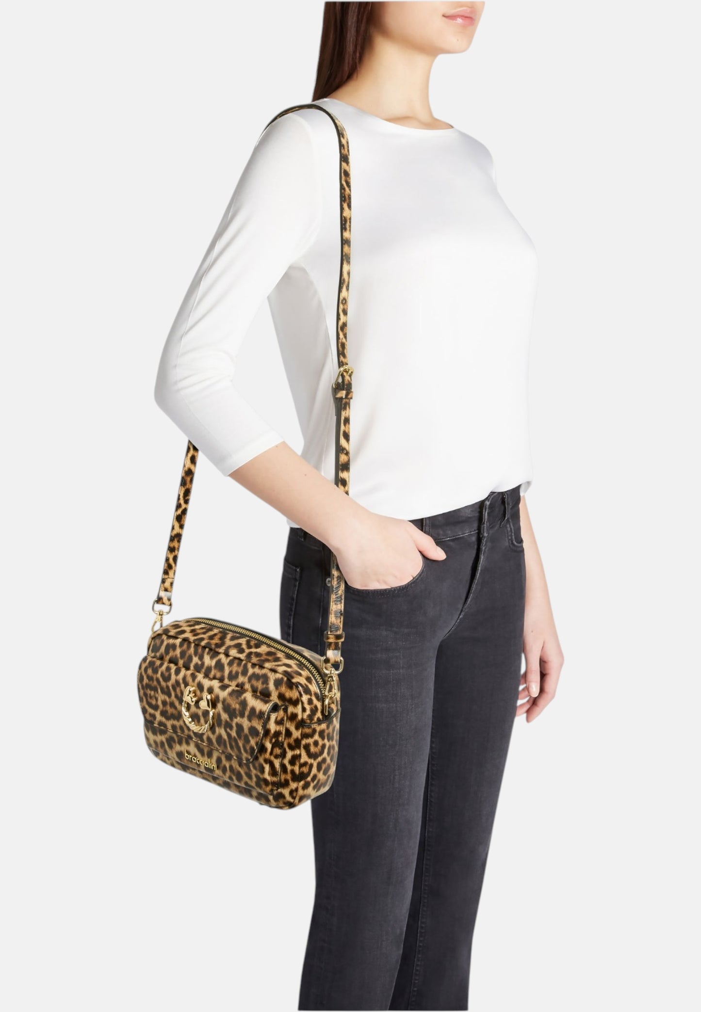 Borsa A Tracolla Donna Braccialini In Pelle Stampa Leopard Con Anello Decorativo Intrecciato Dolly B19097PP