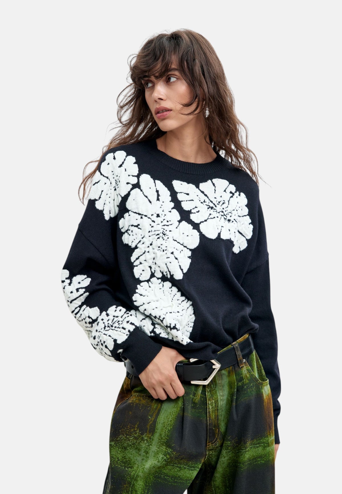 Maglione A Girocollo Donna Desigual Collaborazione M. C. Lacroix, Motivo a foglie, Fit loose, Maglia fine, Poliestere riciclato Bubbles 26WWJF09