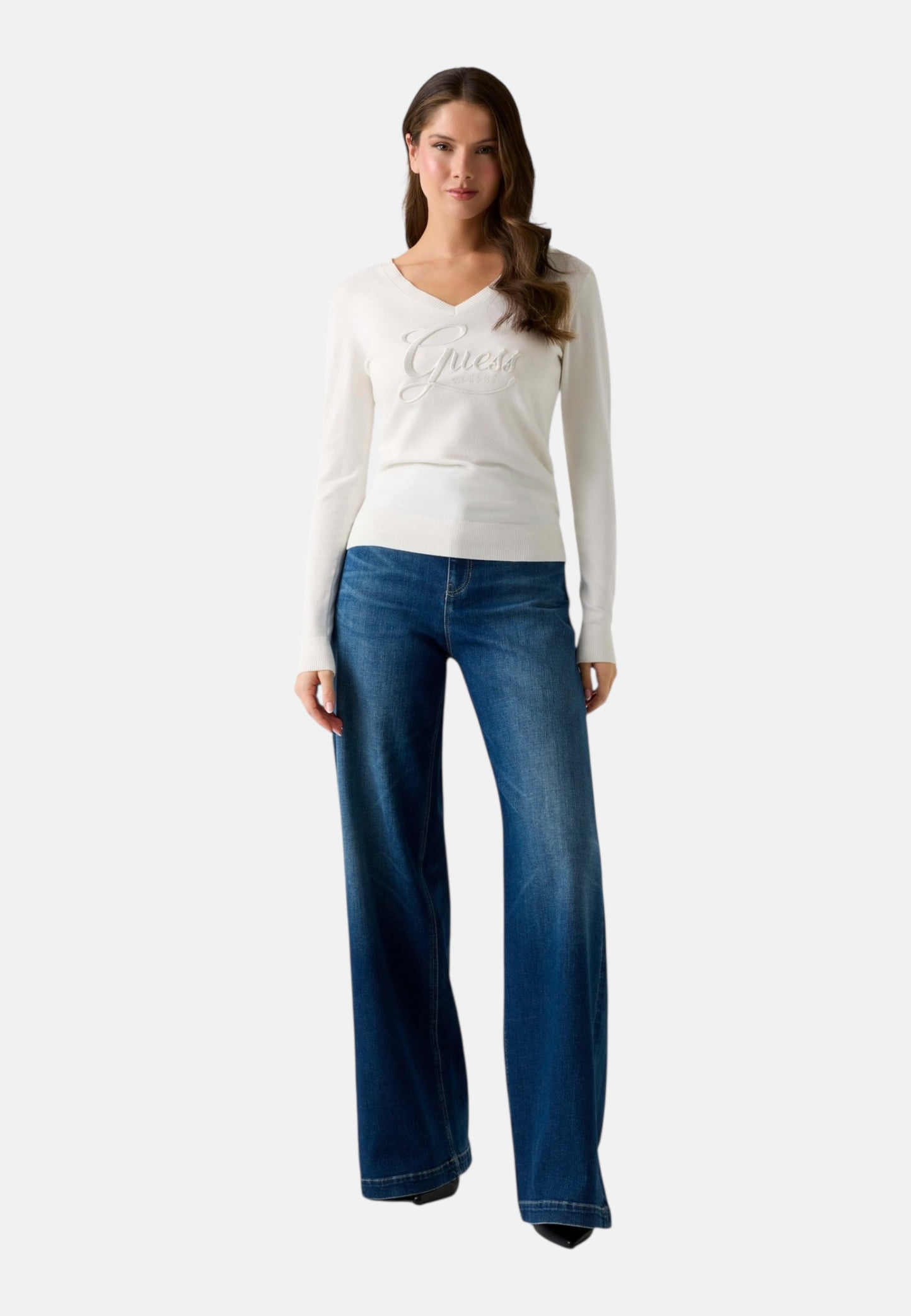 Maglia Scollo A V Donna Guess  Stephanie Logo W6RR50Z2NQ2