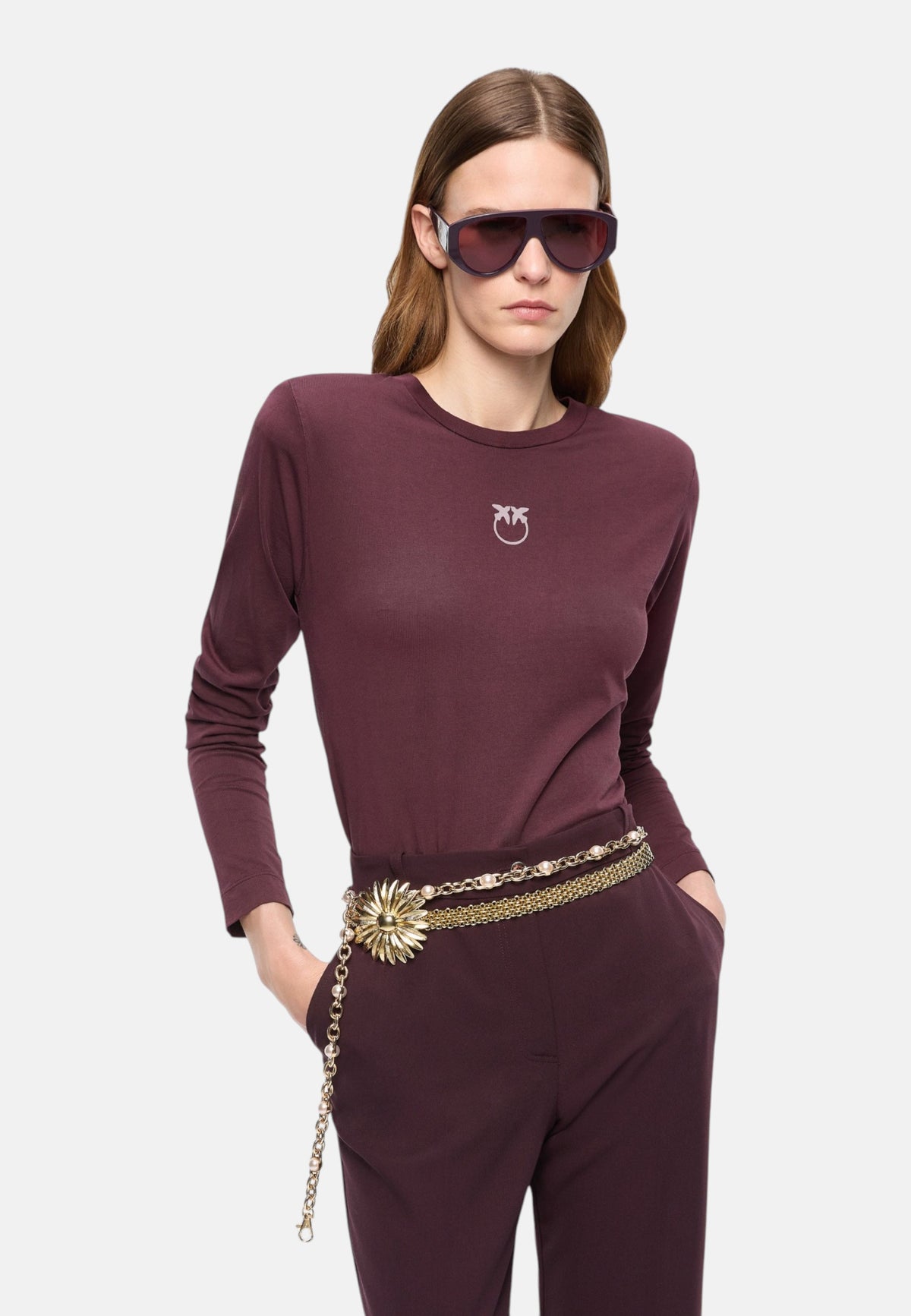 T-Shirt Manica lunga Donna Pinko Girocollo, maniche lunghe, vestibilit� regular, jersey di puro cotone, logo Love Birds floccato dall�effetto vellutato sul petto Toblino 107292A3HP