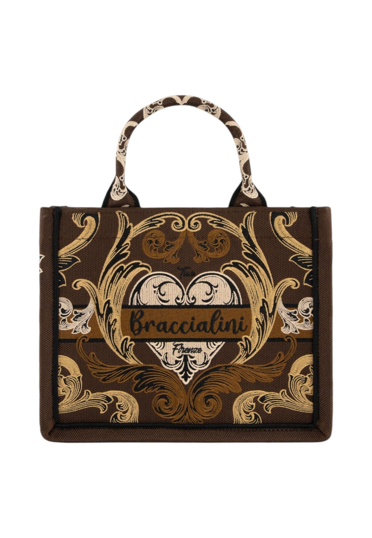 Borsa A Mano Donna Braccialini A Bauletto, Doppio con tracolla removibile e regolabile, Con pochette interna removibile, Stampa ramage con motivo ornamentale, Dimensioni: 26.5 x 13 x 21 Cm Queen B19281TY
