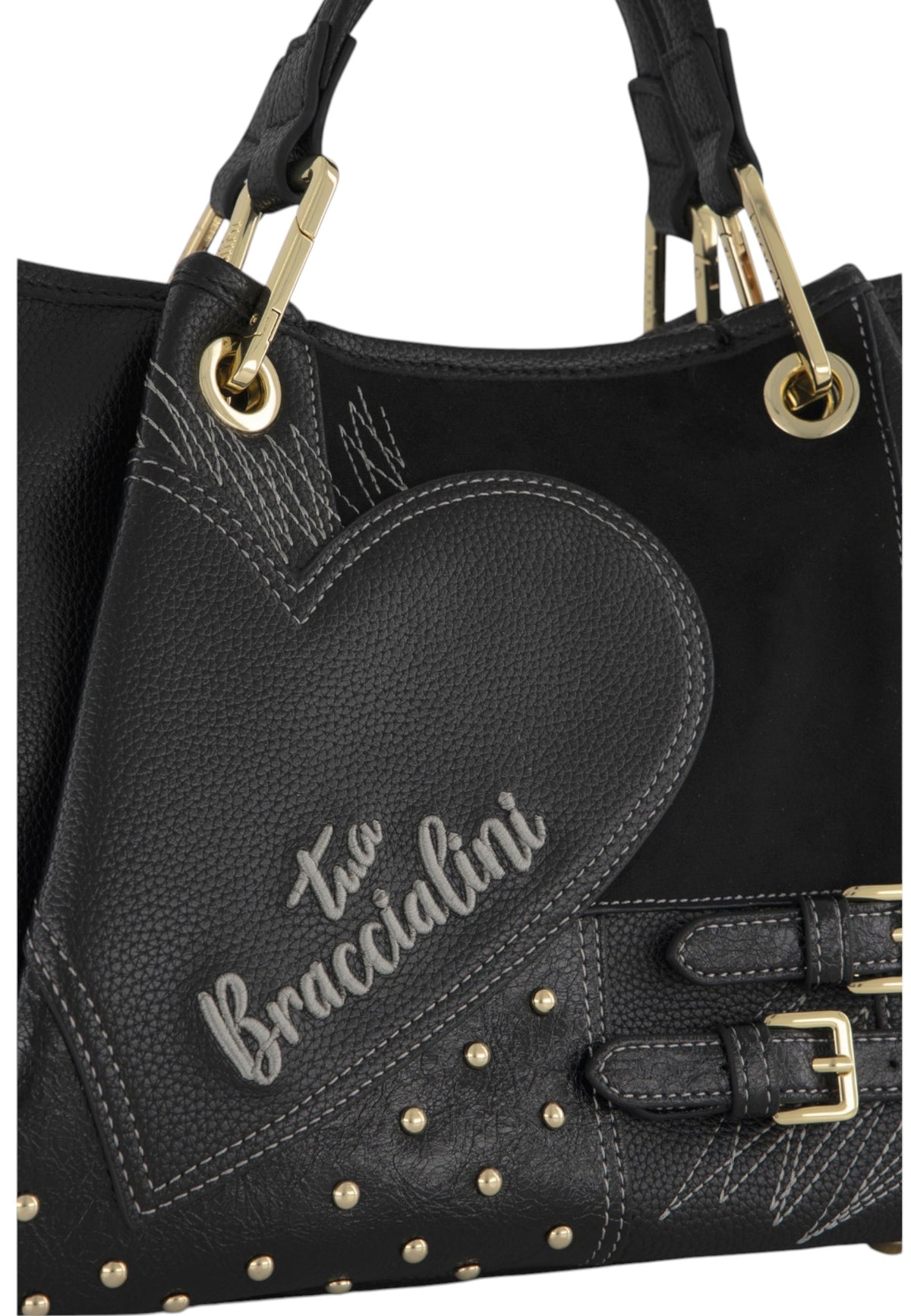 Borsa A Mano Donna Braccialini A Bauletto, Doppio con tracolla removibile e regolabile, Chiusura con clip, Con pochette interna removibile, Patchwork con maxi cuore e micro borchie, Dimensioni: 31 x 13 x 23 Cm Amy Patchwork B19201YY