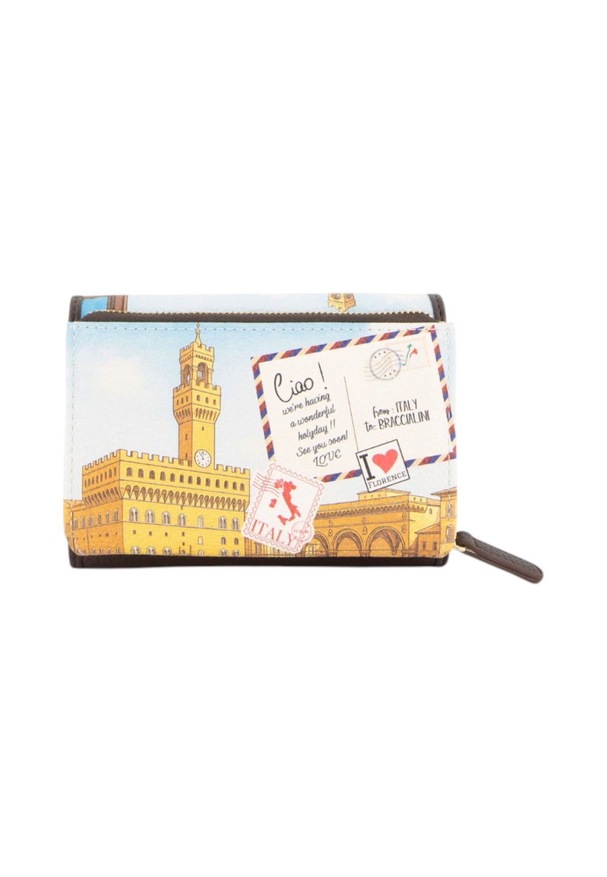 Portafoglio Con Zip Donna Braccialini Piccolo, Chiusura con zip, Stampa Cartoline dedicata a Firenze, Dimensioni: 14 x 3.5 x 10 Cm Cartoline Firenze B19170CA