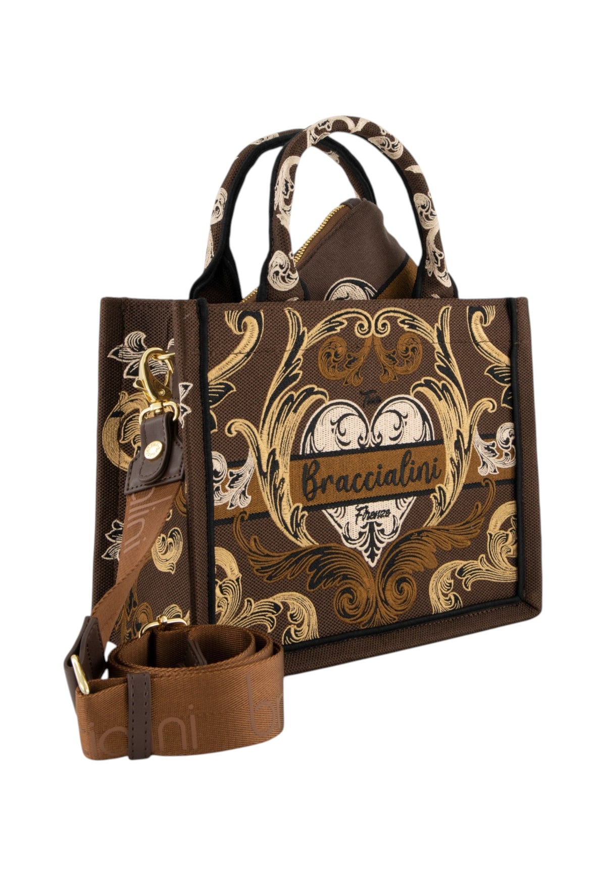 Borsa A Mano Donna Braccialini A Bauletto, Doppio con tracolla removibile e regolabile, Con pochette interna removibile, Stampa ramage con motivo ornamentale, Dimensioni: 26.5 x 13 x 21 Cm Queen B19281TY