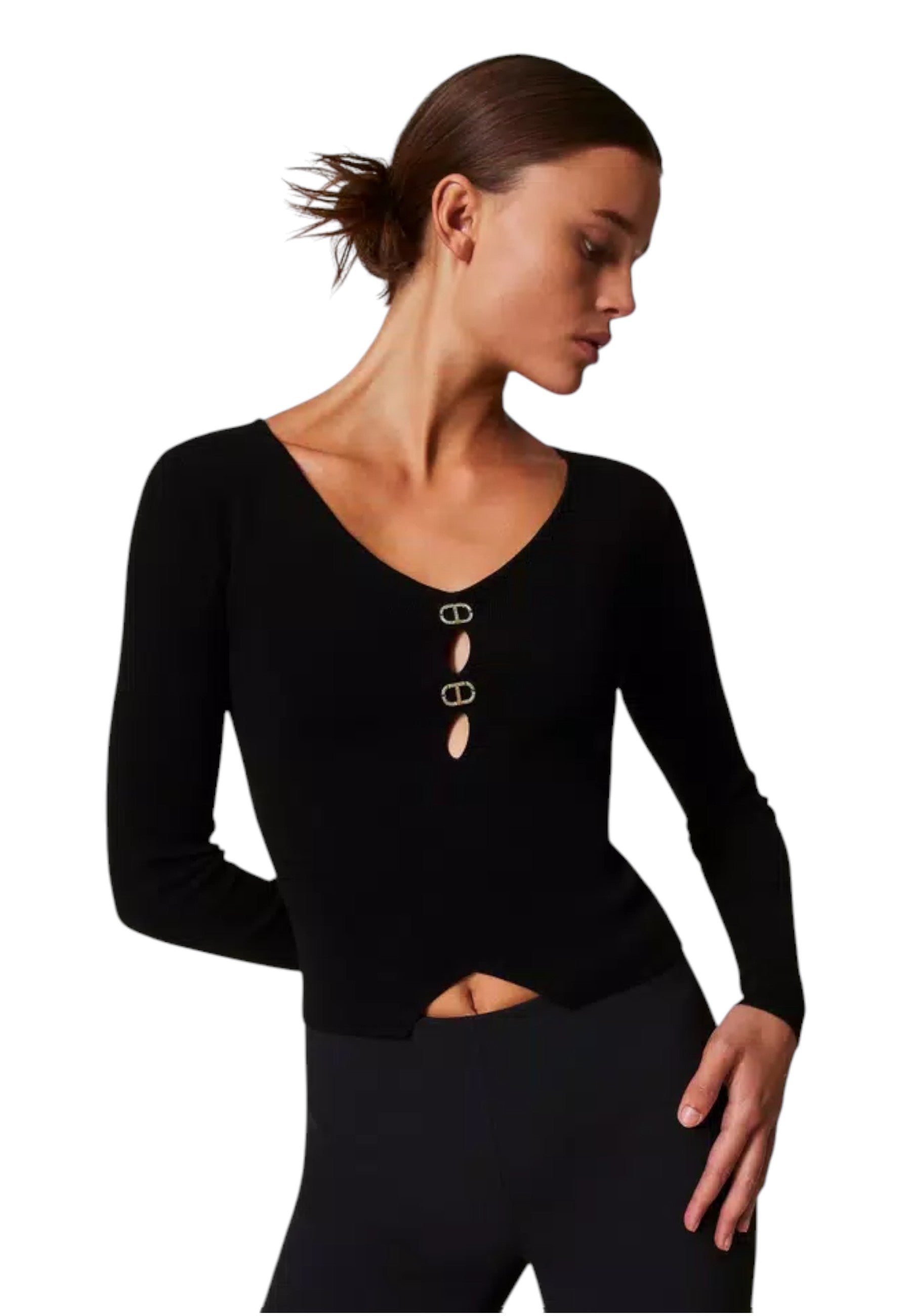 Maglia Scollo A V Donna Twinset In Viscosa Stretch E Oval T Doppio Uso  242TT3031
