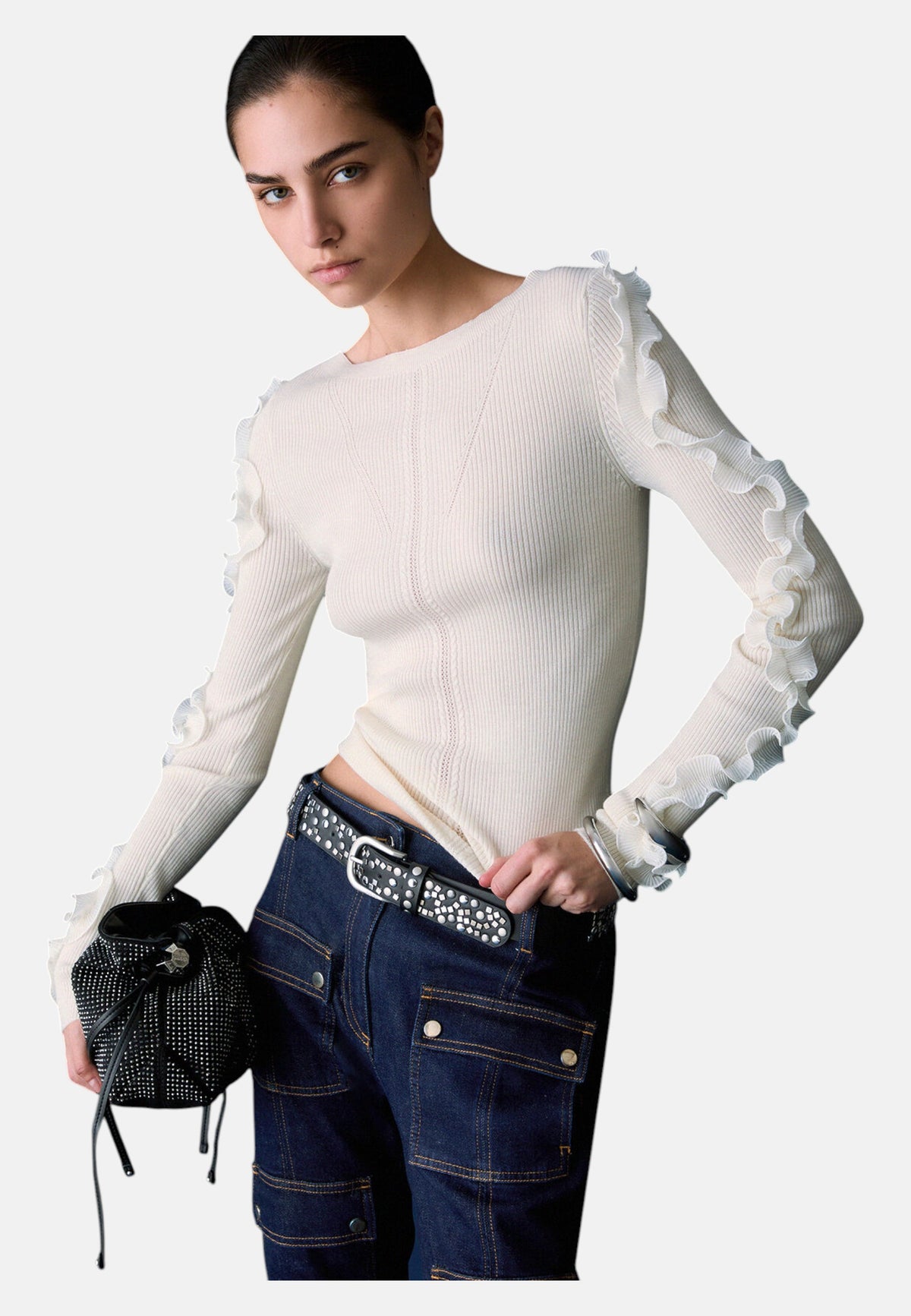 Maglia A Girocollo Donna Liu Jo A Costine Con Volant Sulle Maniche  CF6042MA82O