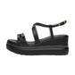 Sandali Con Zeppa Donna Nero Giardini In Pelle Con Fasce Incrociate E Catena Decorativa  E615953D