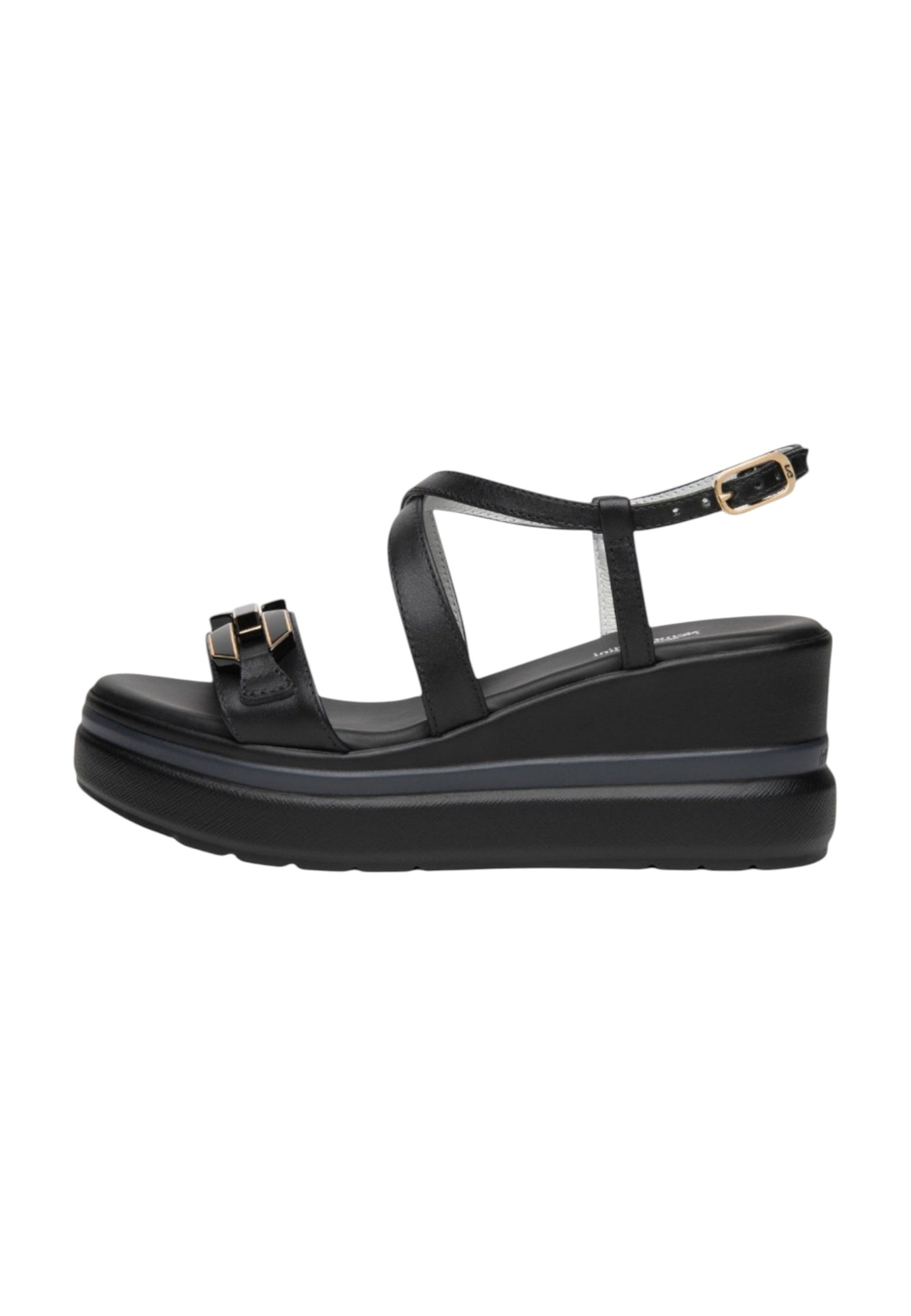 Sandali Con Zeppa Donna Nero Giardini In Pelle Con Fasce Incrociate E Catena Decorativa  E615953D