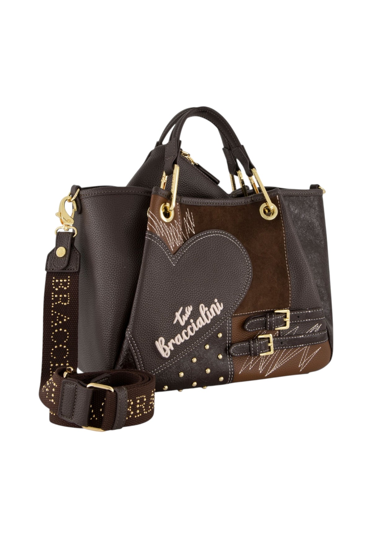 Borsa A Mano Donna Braccialini A Bauletto, Doppio con tracolla removibile e regolabile, Chiusura con clip, Con pochette interna removibile, Patchwork con maxi cuore e micro borchie, Dimensioni: 31 x 13 x 23 Cm Amy Patchwork B19201YY