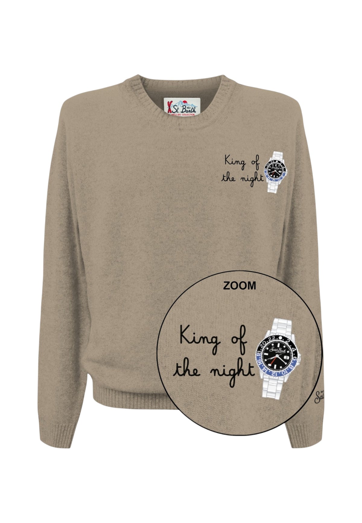 Maglione A Girocollo Uomo Mc2 Saint Barth Maniche Lunghe, Polsi E Fondo A Coste, Un Orologio E La Scritta King Of The Night Heron Light Embry HER0024-KING-OF-NIGHT