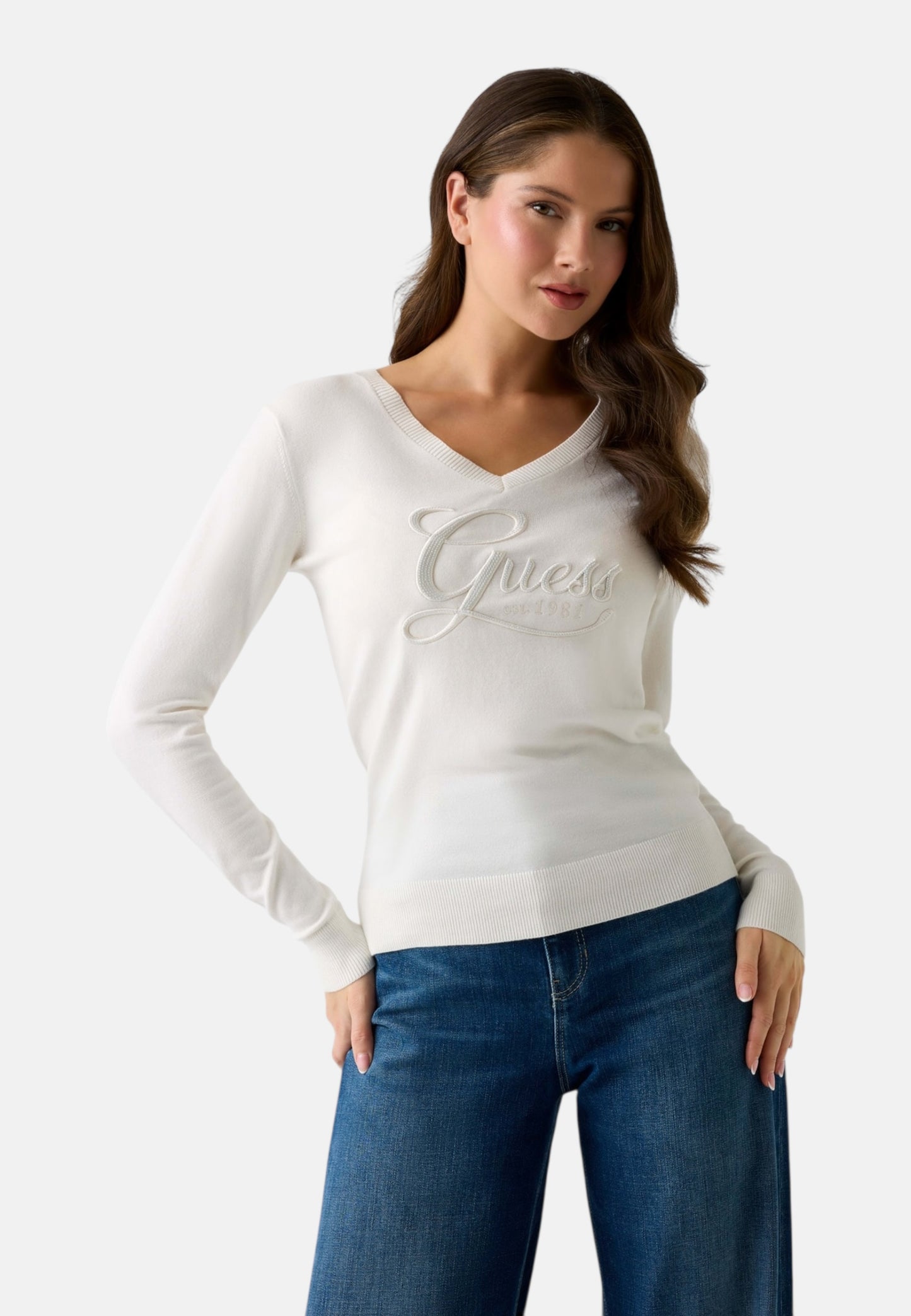 Maglia Scollo A V Donna Guess  Stephanie Logo W6RR50Z2NQ2