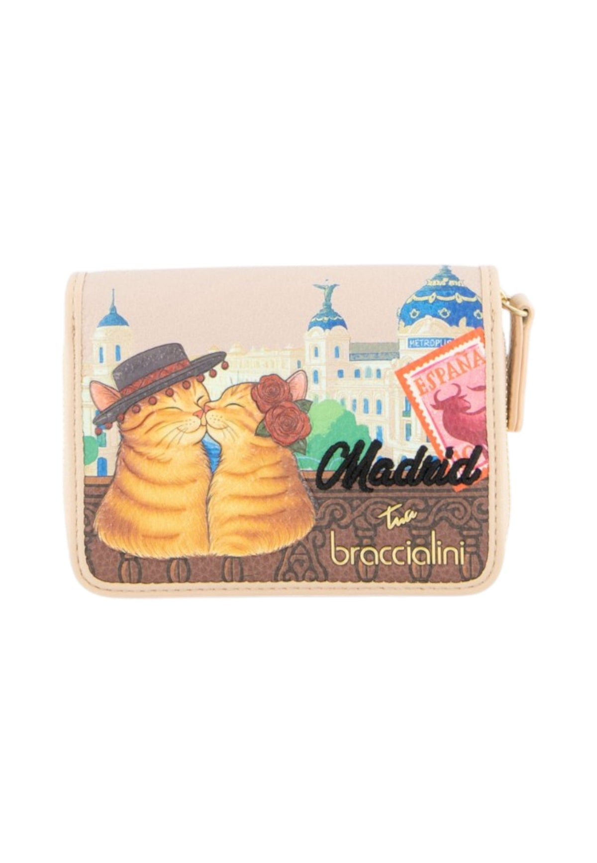 Portafoglio Con Zip Donna Braccialini Piccolo, Chiusura con zip, Stampa Cartoline dedicata a Madrid, Dimensioni: 14 x 3.5 x 10 Cm Cartoline Madrid B19172CA