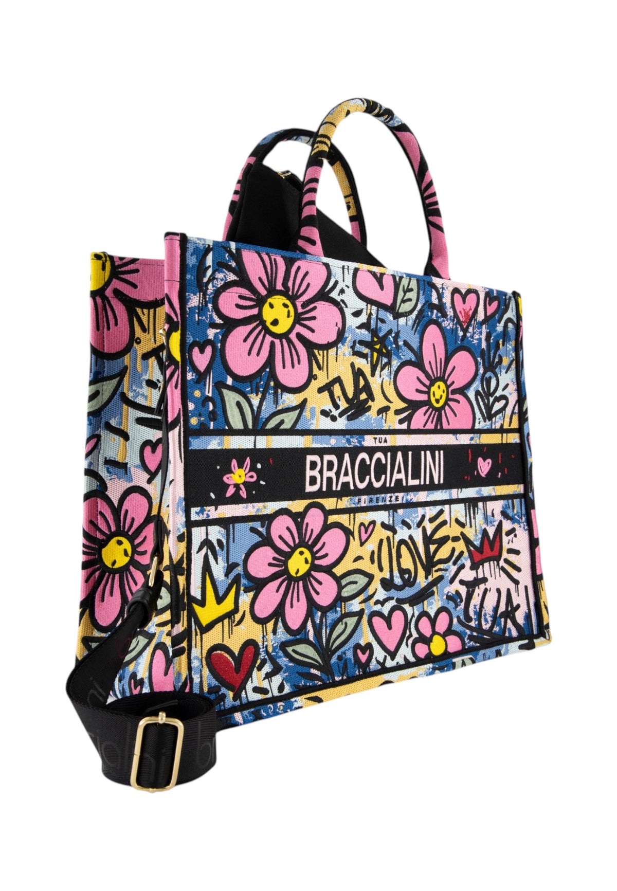 Borsa A Mano Donna Braccialini Tote, Doppio con tracolla removibile e regolabile, Con pochette interna removibile, Stampa graffiti ispirata alla street art, Dimensioni: 41.5 x 18 x 34 Cm Queen B19280TY