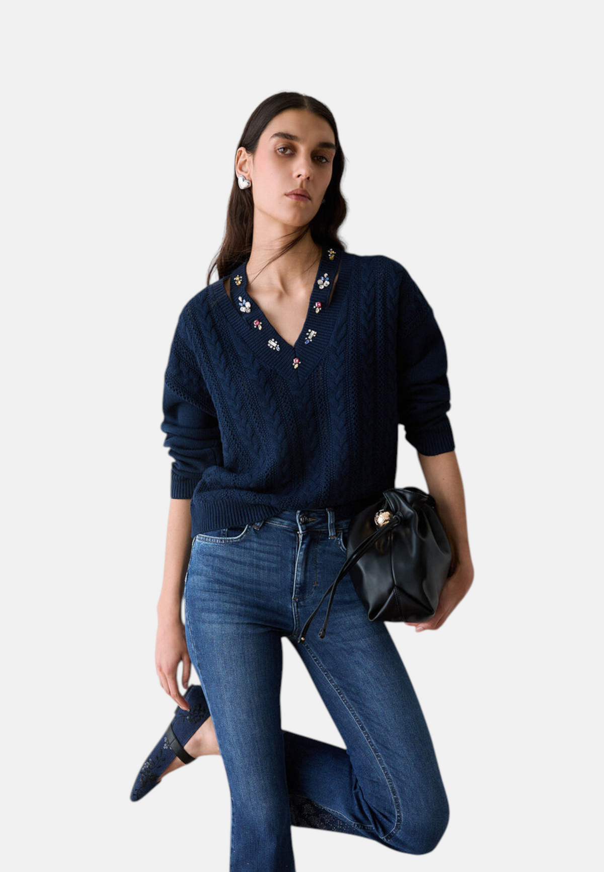 Maglione Scollo A V Donna Liu Jo A Trecce Con Applicazioni Gioiello  WF6111MS051