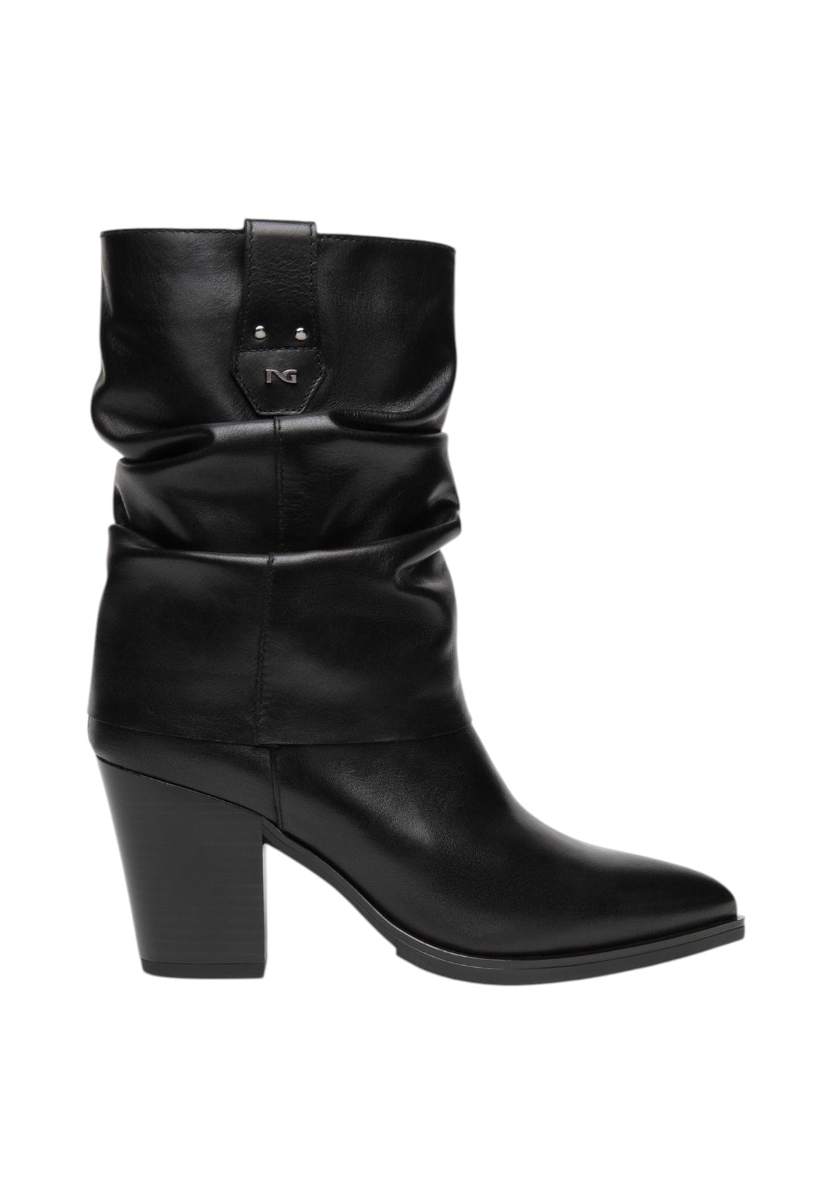 Stivali Con Tacco Donna Nero Giardini Tomaia in pelle, gambale morbido arricciato, punta affusolata, tacco largo, dettaglio logo, Made in Italy  I617146D