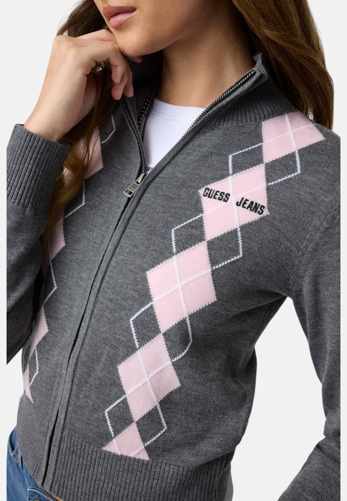 Cardigan  Donna Guess Collo lupetto, Zip intera, Motivo argyle Gj W6BR10Z1253