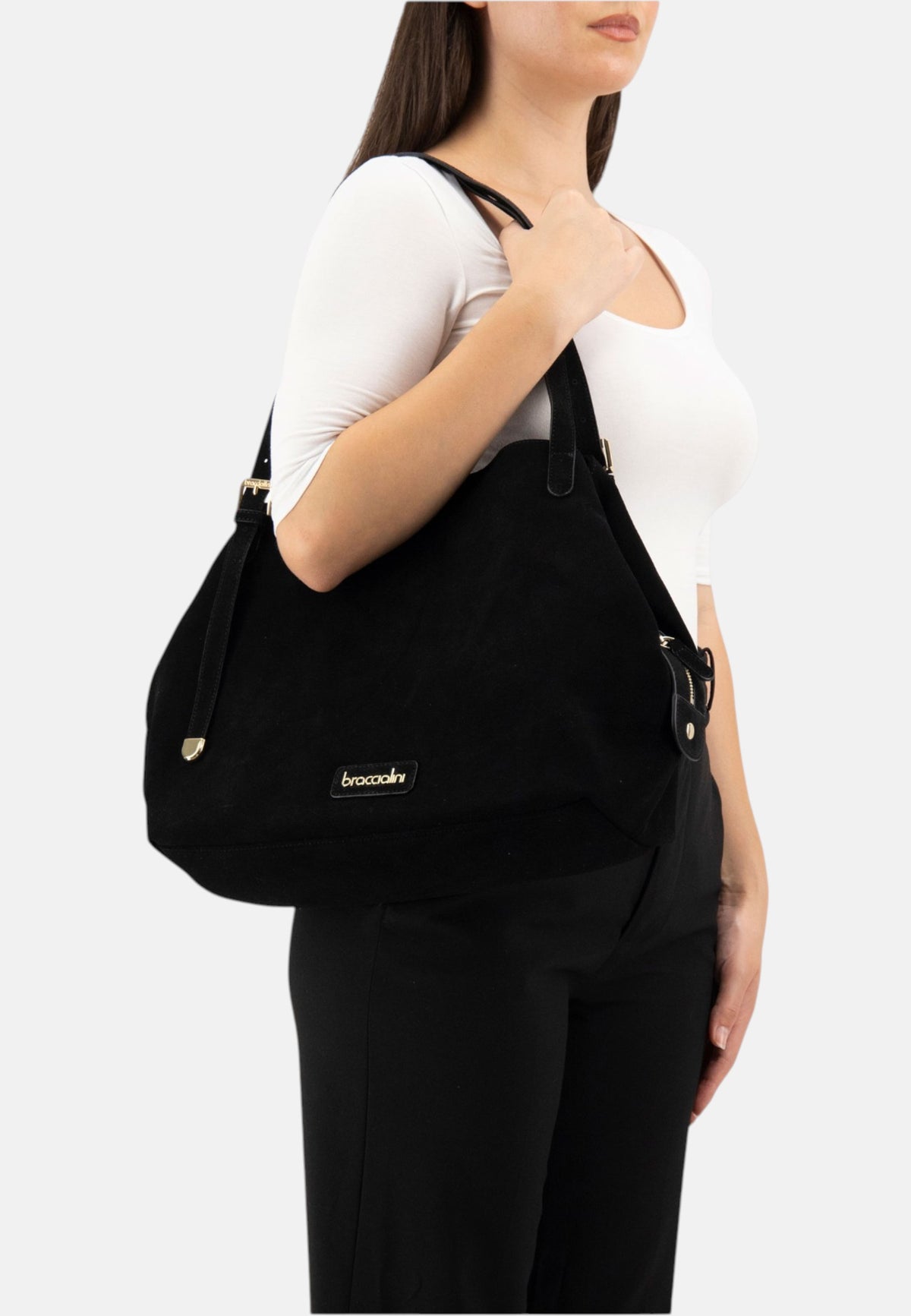 Borsa A Spalla Donna Braccialini Shopper, Manico doppio, Chiusura con zip, Due tasche interne, una con zip e una aperta, Finitura effetto camoscio, Dimensioni: 35 x 15.5 x 30 Cm Sara B19373PP
