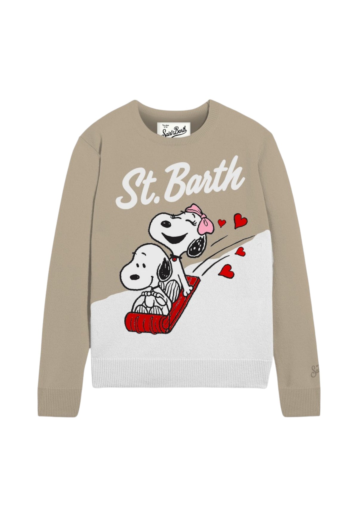 Maglione A Girocollo Donna Mc2 Saint Barth Maniche Lunghe, Polsi E Fondo A Coste, Snoopy Su Uno Slittino Con Piccoli Cuori Rossi New Queen C QUE0018-SB-BELLE-SNOOPY