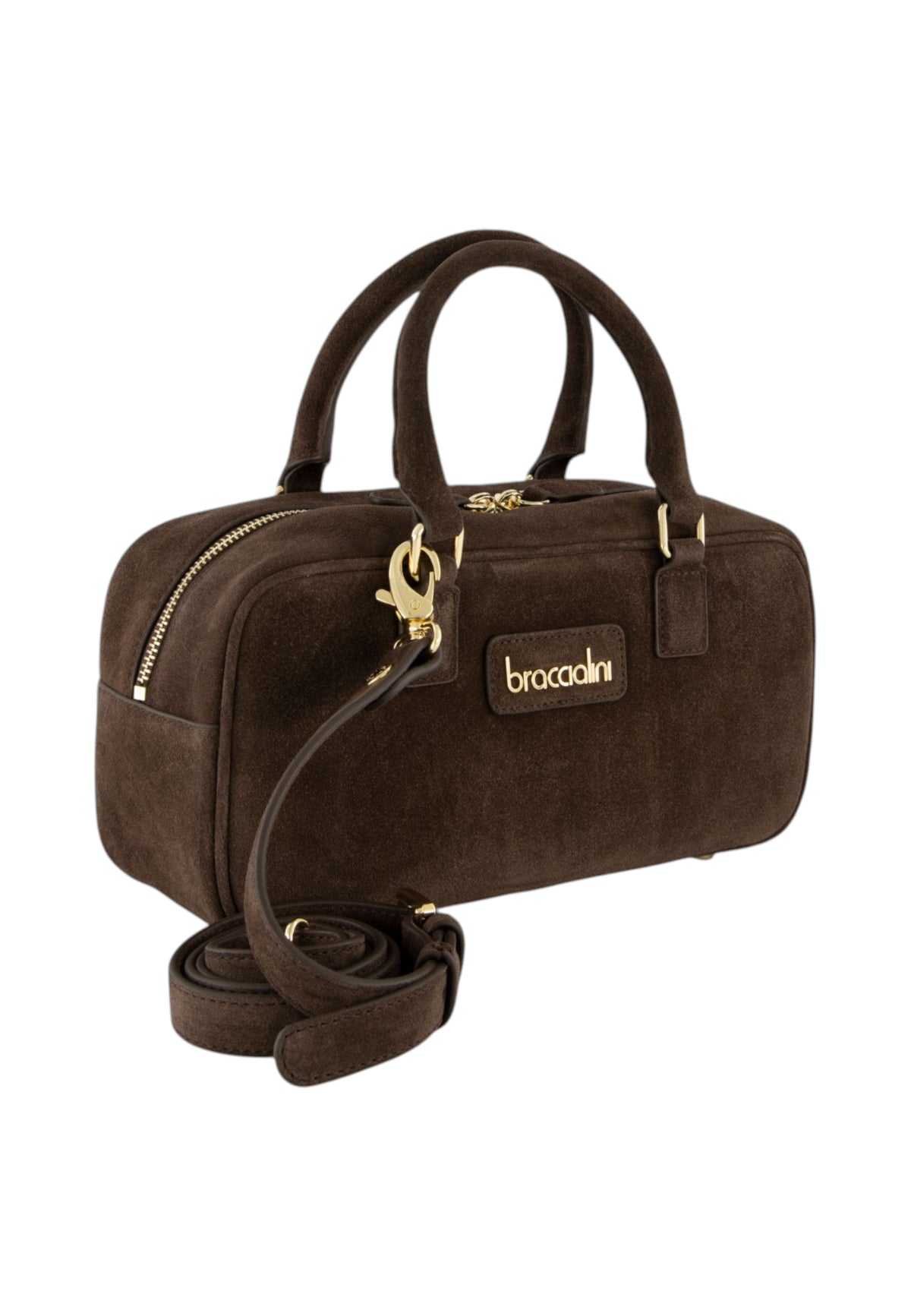 Borsa A Mano Donna Braccialini A Bauletto, Doppio con tracolla removibile e regolabile, Chiusura con zip, Due tasche interne, una con zip e una aperta, Finitura effetto camoscio, Dimensioni: 27.5 x 9.5 x 13 Cm Sara B19370PP
