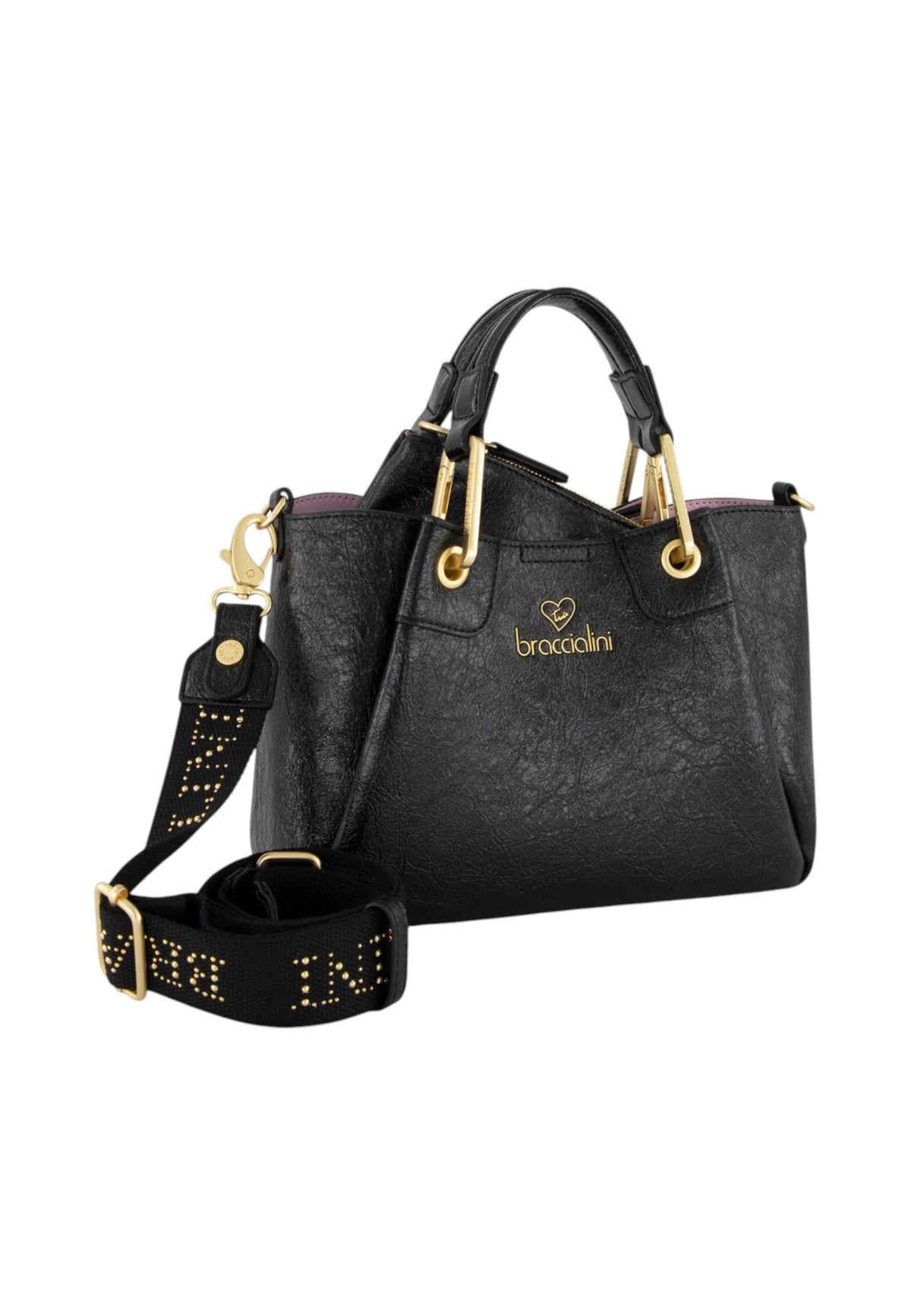 Borsa A Mano Donna Braccialini A Bauletto, Doppio con tracolla removibile e regolabile, Chiusura con clip, Con pochette interna removibile, Finitura lucida effetto spiegazzato, Dimensioni: 25 x 10.5 x 18 Cm Amy B19190YY