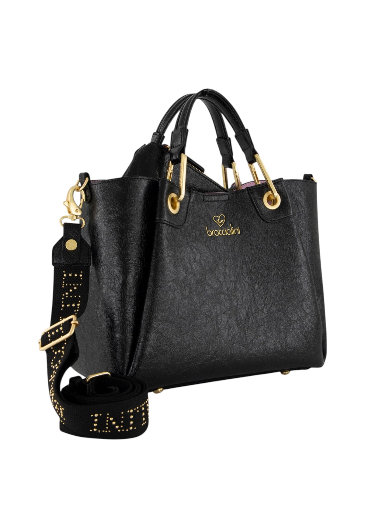 Borsa A Mano Donna Braccialini A Bauletto, Doppio con tracolla removibile e regolabile, Chiusura con clip, Con pochette interna removibile, Finitura lucida effetto spiegazzato, Dimensioni: 31 x 13 x 23 Cm Amy B19191YY