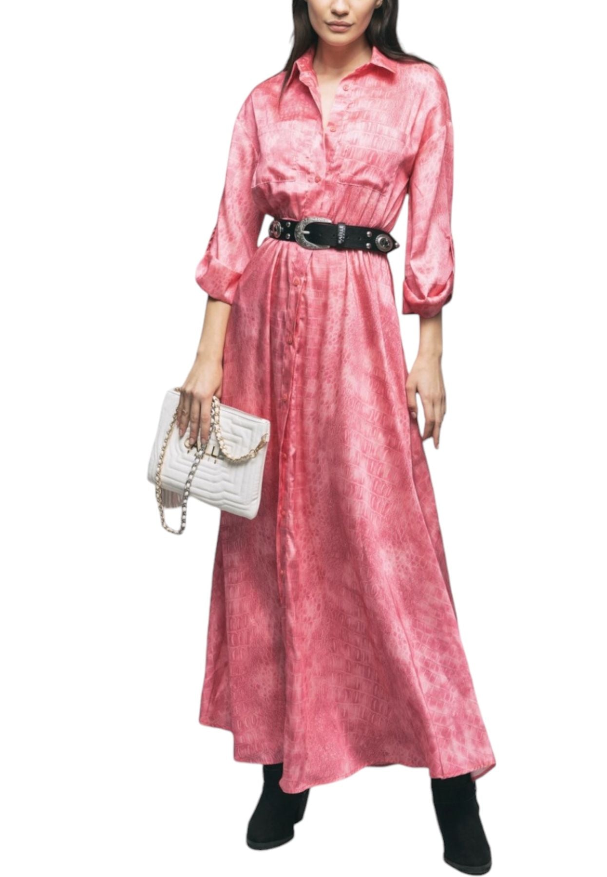 Vestito Lungo Donna Gaelle Maculato Chemisier Lungo In Saglia Con Gonna Svasata GBDP16397