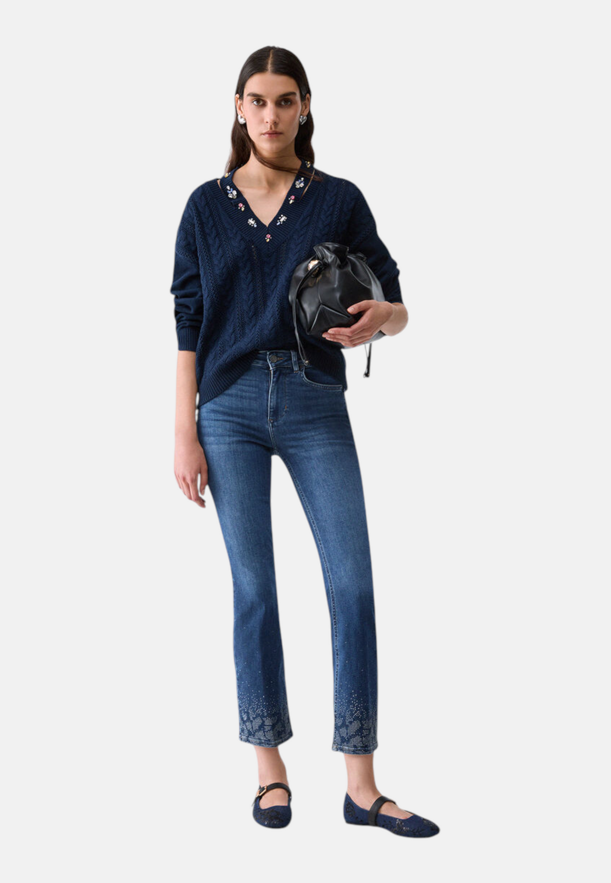 Maglione Scollo A V Donna Liu Jo A Trecce Con Applicazioni Gioiello  WF6111MS051