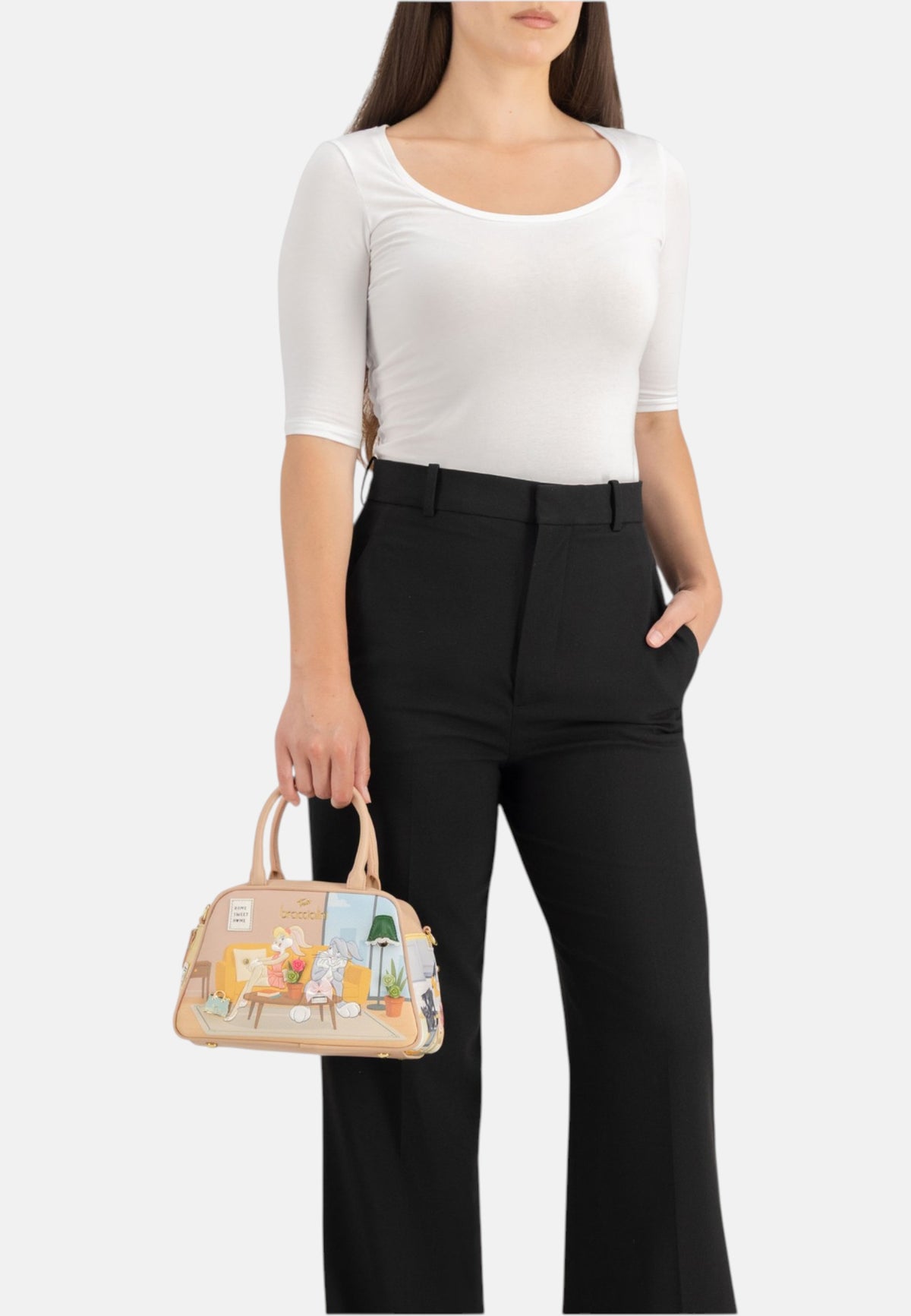 Borsa A Mano Donna Braccialini A Bauletto, Doppio con tracolla removibile e regolabile, Chiusura con zip, Due tasche interne, una con zip e una aperta, Stampa illustrata Looney Tunes, Dimensioni: 24 x 13 x 16 Cm Allround LT LT290YY