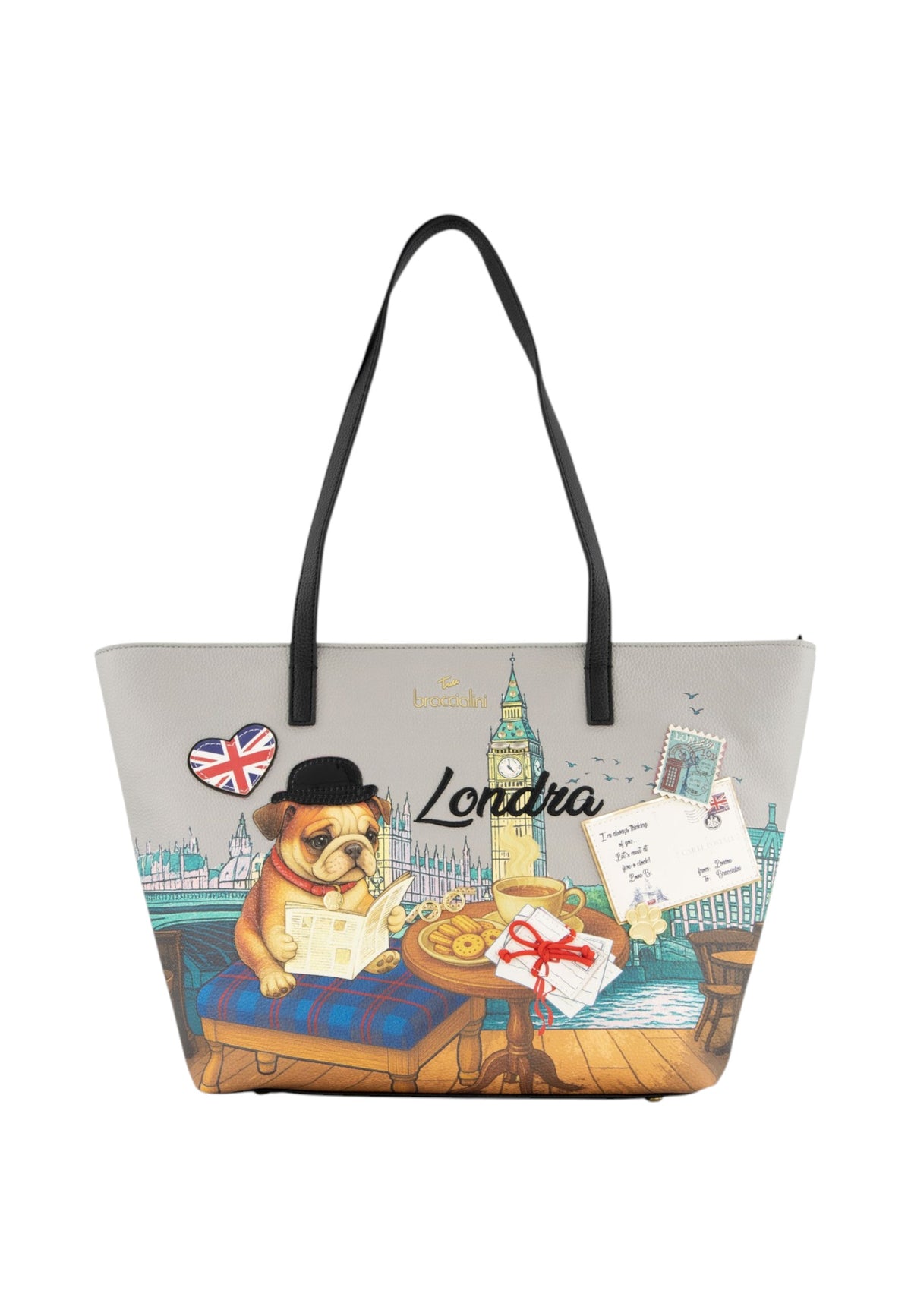 Borsa A Spalla Donna Braccialini A Spalla, Manico doppio, Chiusura con zip, Due tasche interne, una con zip e una aperta, Stampa Cartoline dedicata a Londra, Dimensioni: 46 x 11 x 29 Cm Cartoline Londra B19164YY