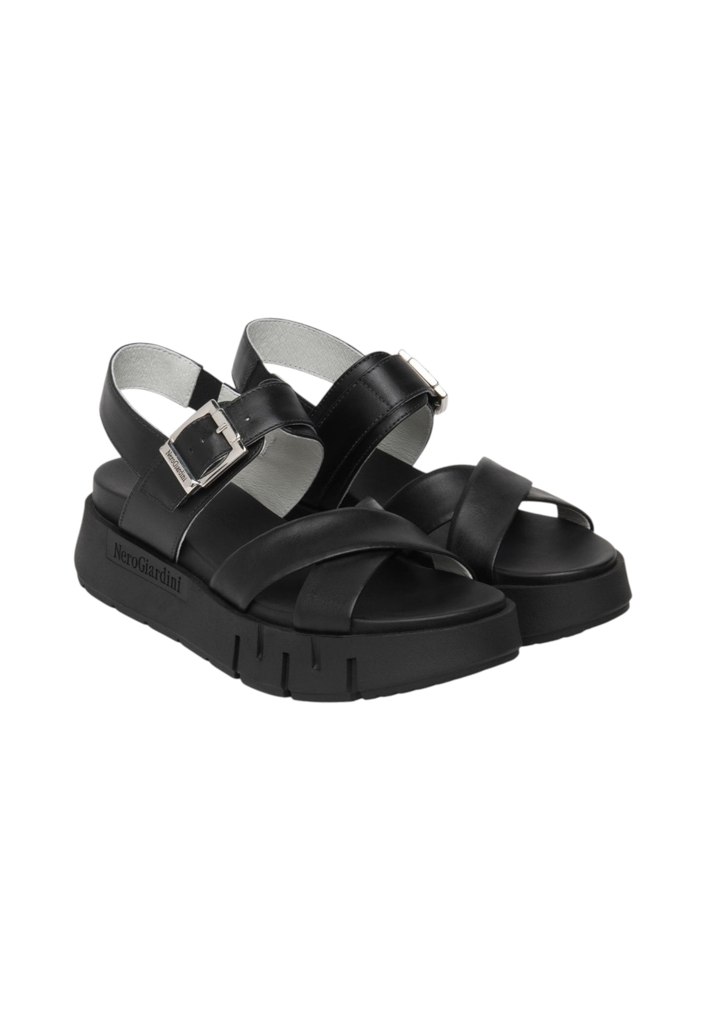 Sandali Bassi Donna Nero Giardini In Pelle Con Fasce Incrociate  E617063D
