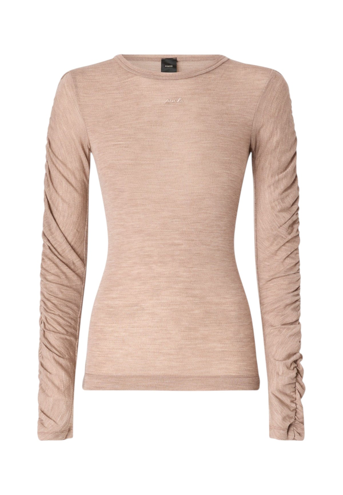 Maglia A Girocollo Donna Pinko Cotone e lana, lavorazione a costine, linea aderente, girocollo con bordo doppio, maniche lunghe arricciate, logo lettering ricamato sul petto Muscari 107317A3H0