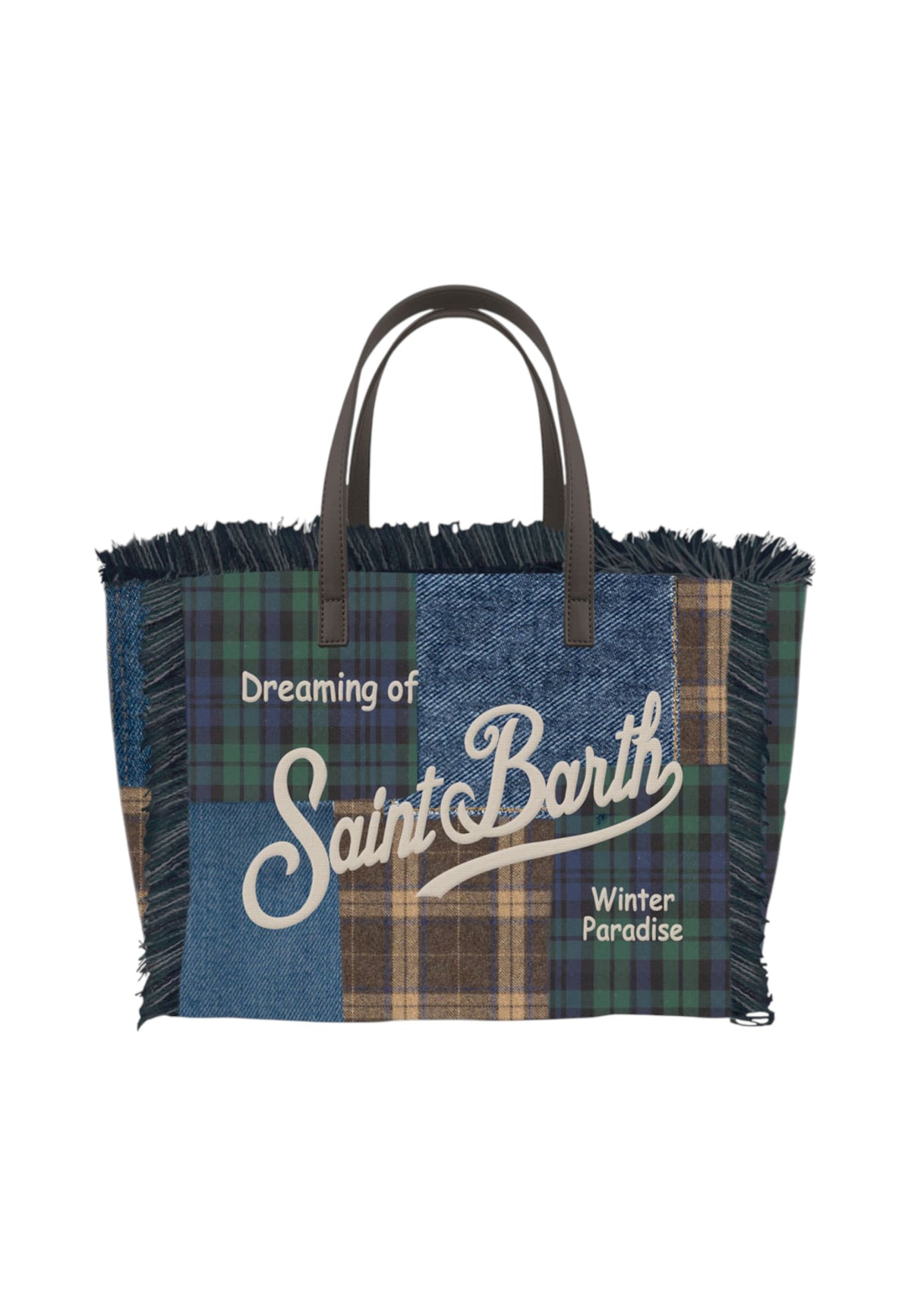 Borsa A Spalla Donna Mc2 Saint Barth Logo Sul Davanti, Doppi Manici, Bordo Sfrangiato, Il Patchwork Di Denim E Tartan Colette Wool N COL0045-PATCHWORK-DENIM-TARTAN