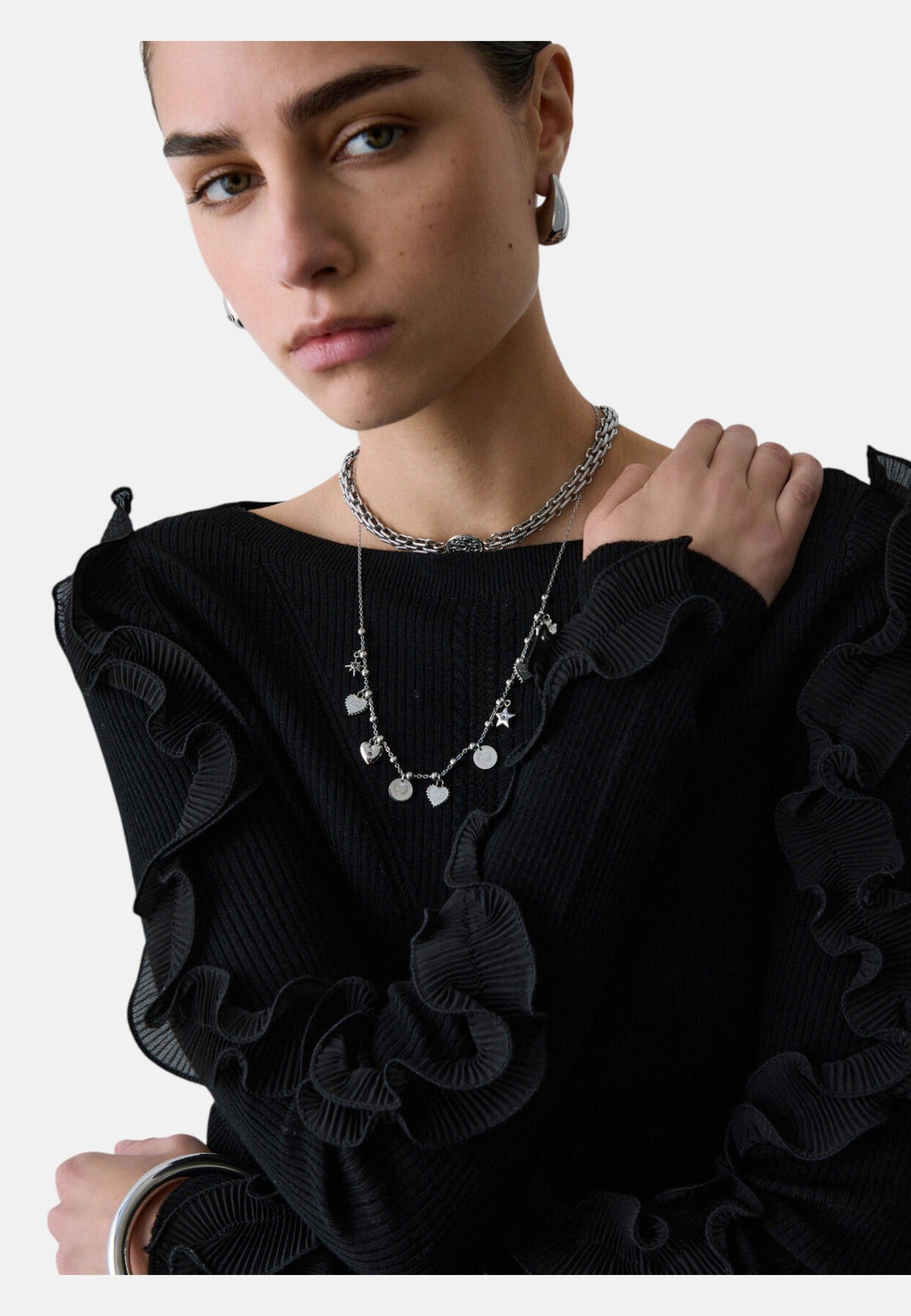 Maglia A Girocollo Donna Liu Jo A Costine Con Volant Sulle Maniche  CF6042MA82O
