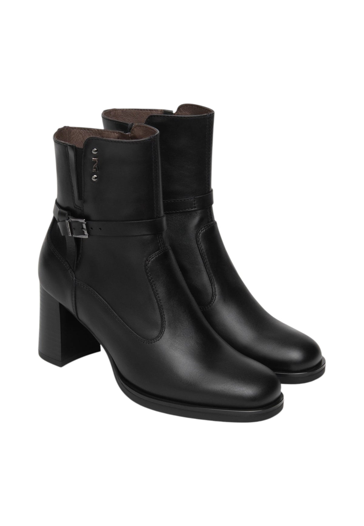 Stivaletti Con Tacco Donna Nero Giardini Tomaia in pelle, cinturino decorativo con fibbia, chiusura laterale con zip, punta tonda, tacco largo, Made in Italy  I617240D