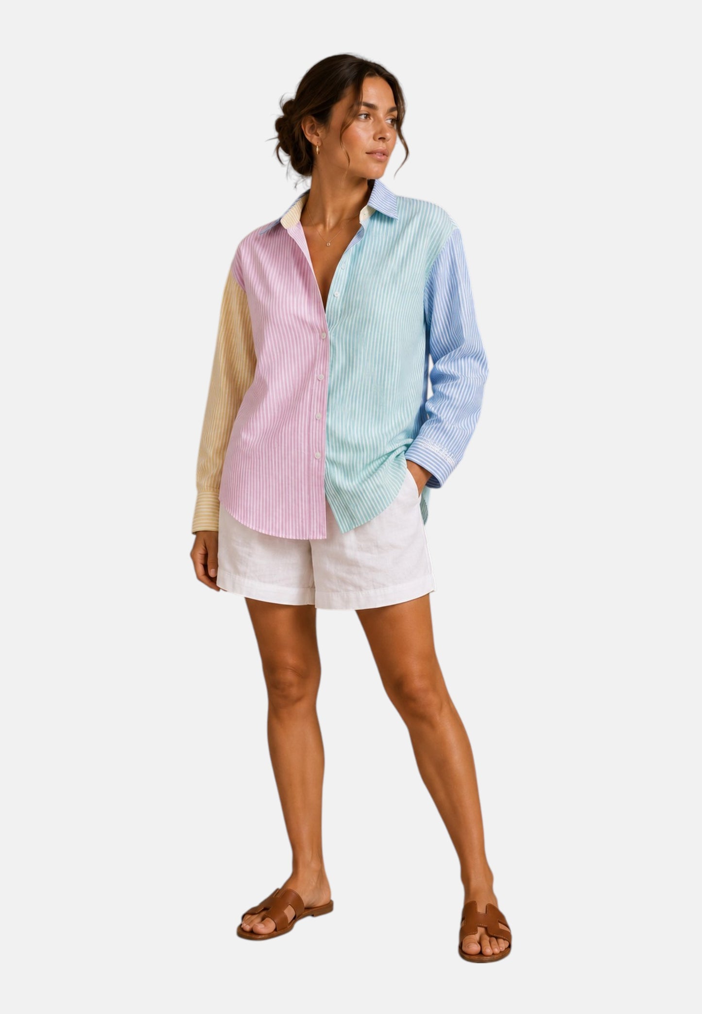 Camicia Manica lunga Donna Mc2 Saint Barth Seersucker Stripes V Mix Emb Cristal CYS0001