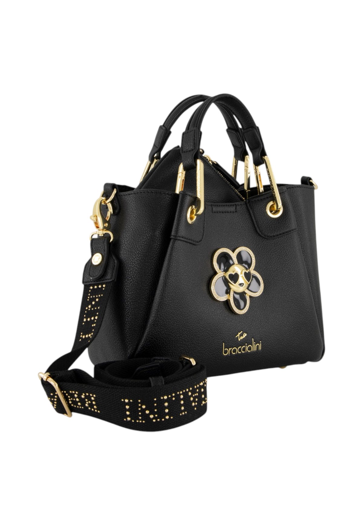Borsa A Mano Donna Braccialini A Bauletto, Doppio con tracolla removibile e regolabile, Chiusura con clip, Con pochette interna removibile, Charm gioiello a forma di margherita, Dimensioni: 25 x 10.5 x 18 Cm Amy Bijoux B19210YY
